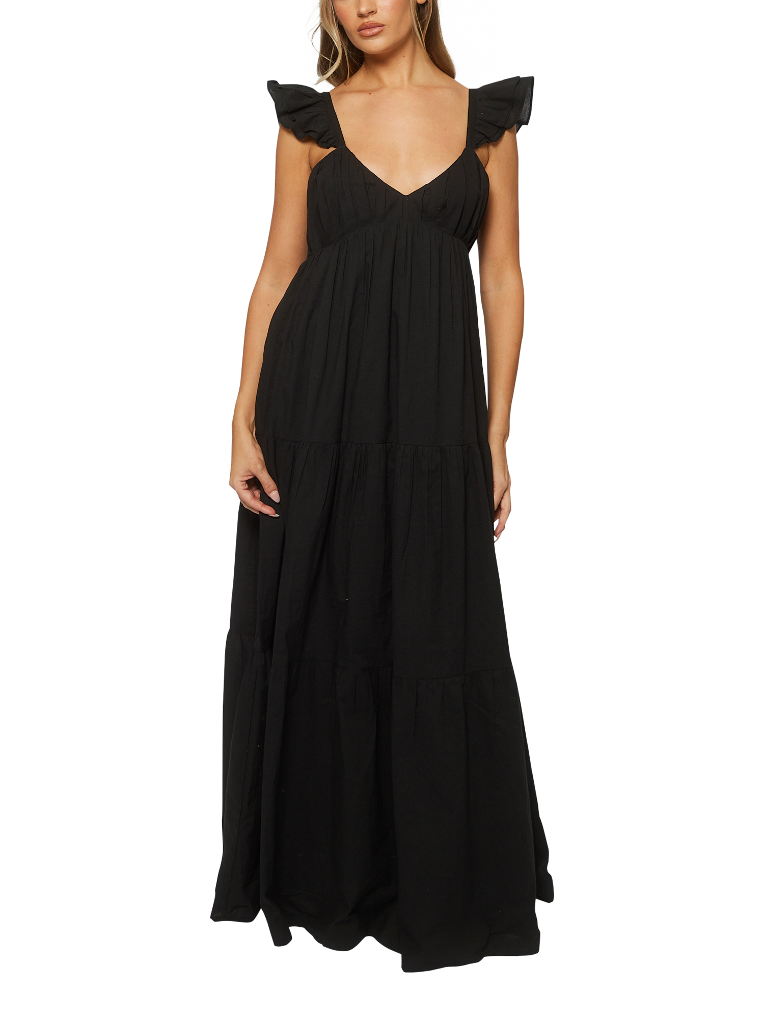 Product image 1 of 5, which shows South Beach Ruffle Sleeve Tiered Maxi Dress, Black, 10