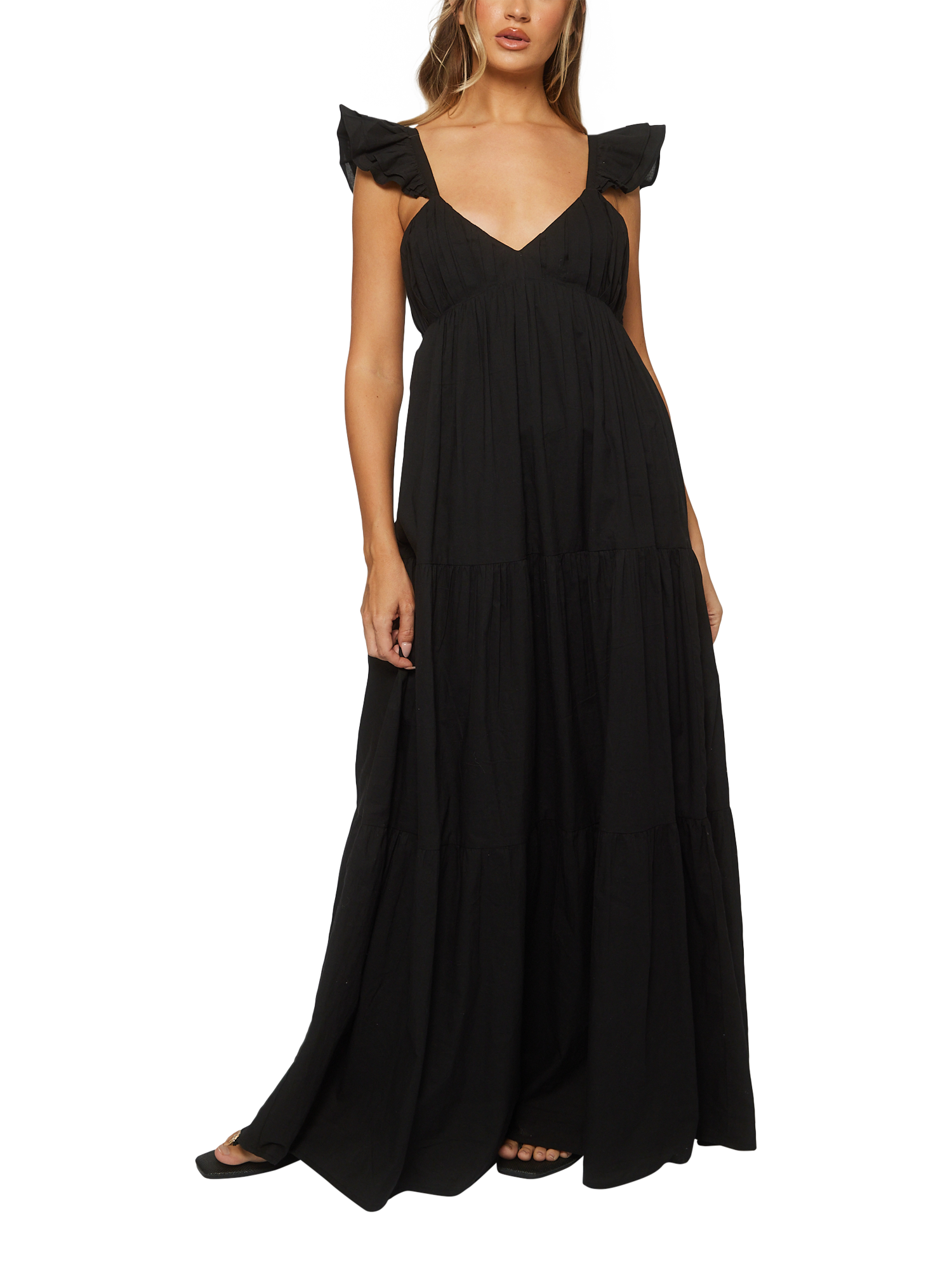 Product image 3 of 5, which shows South Beach Ruffle Sleeve Tiered Maxi Dress, Black, 10