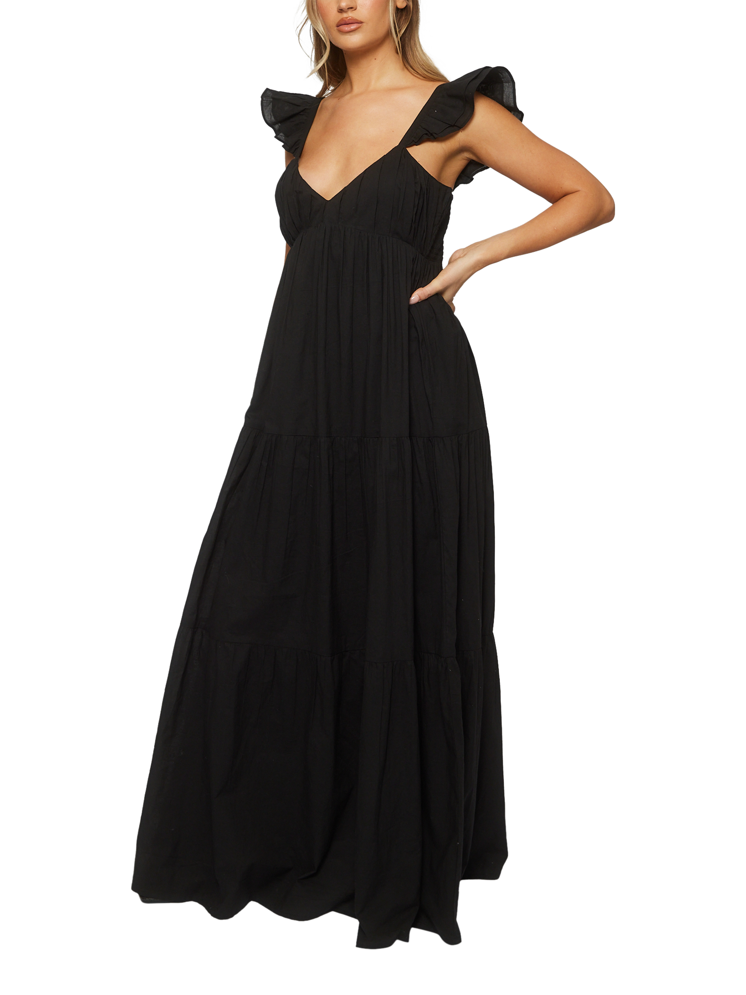 Product image 4 of 5, which shows South Beach Ruffle Sleeve Tiered Maxi Dress, Black, 10