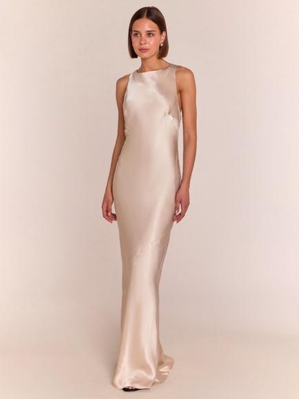 Rewritten Paris Cross Back Satin Dress, Champagne, Champagne