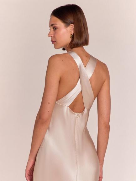 Rewritten Paris Cross Back Satin Dress, Champagne - view 2, Champagne