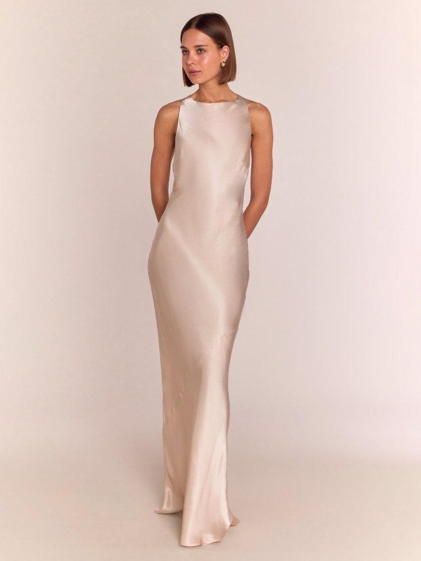 Product image 3 of 6, which shows Rewritten Paris Cross Back Satin Dress, Champagne, 8