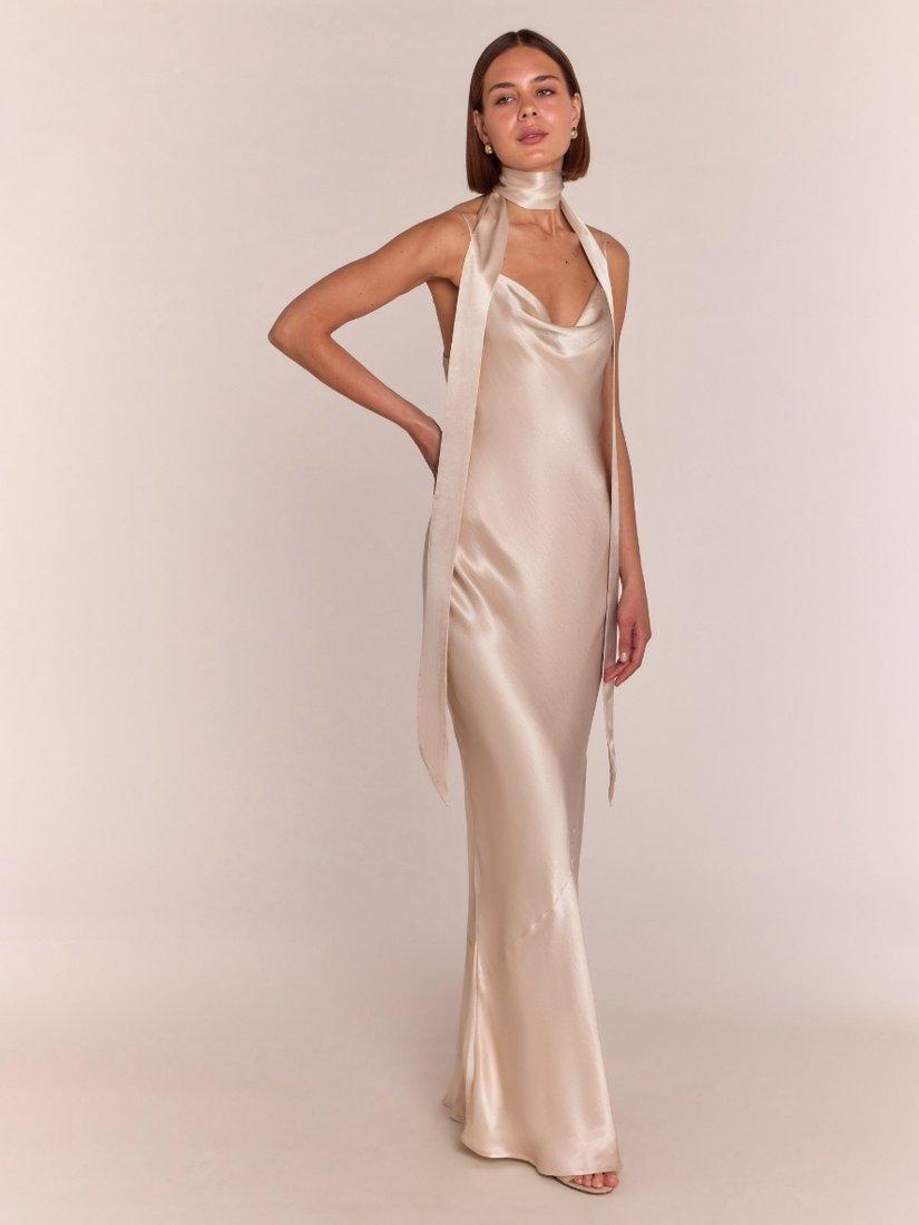 Product image 1 of 5, which shows Rewritten Pollenca Satin Cowl Neck Bias Cut Bridesmaids Dress, Champagne, 8