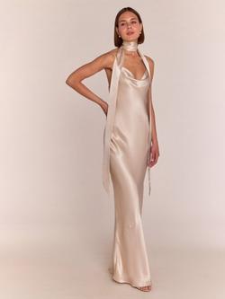 Rewritten Pollenca Satin Cowl Neck Bias Cut Bridesmaids Dress, Champagne