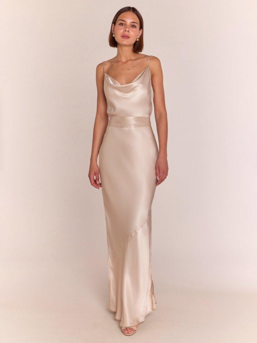 Product image 3 of 5, which shows Rewritten Pollenca Satin Cowl Neck Bias Cut Bridesmaids Dress, Champagne, 8