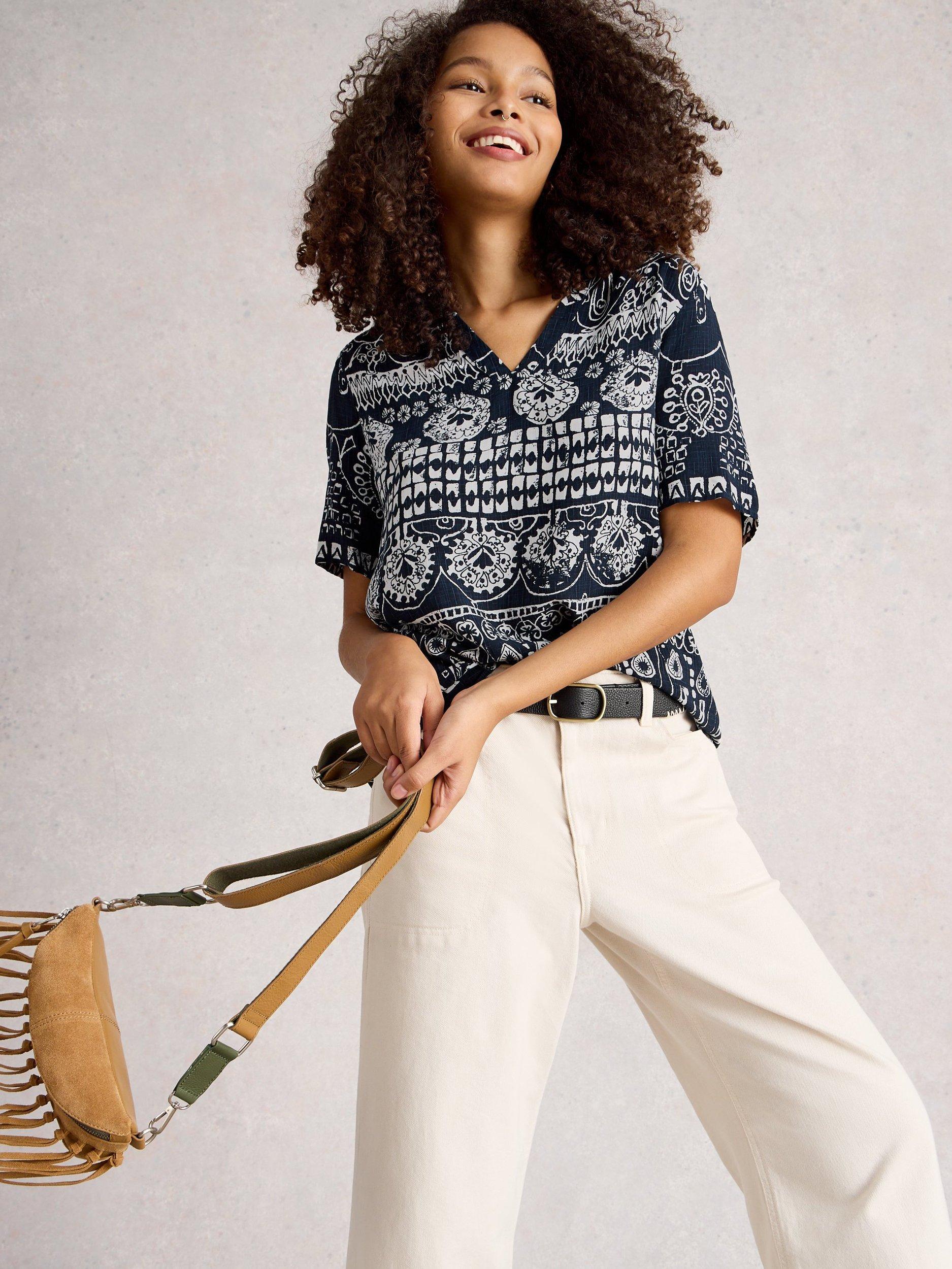 Product image 3 of 6, which shows White Stuff Elisa Abstract Top, Navy, 8