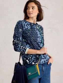 White Stuff Clara Organic Cotton Abstract Print Long Sleeve Crew Neck T-Shirt, Blue/Multi