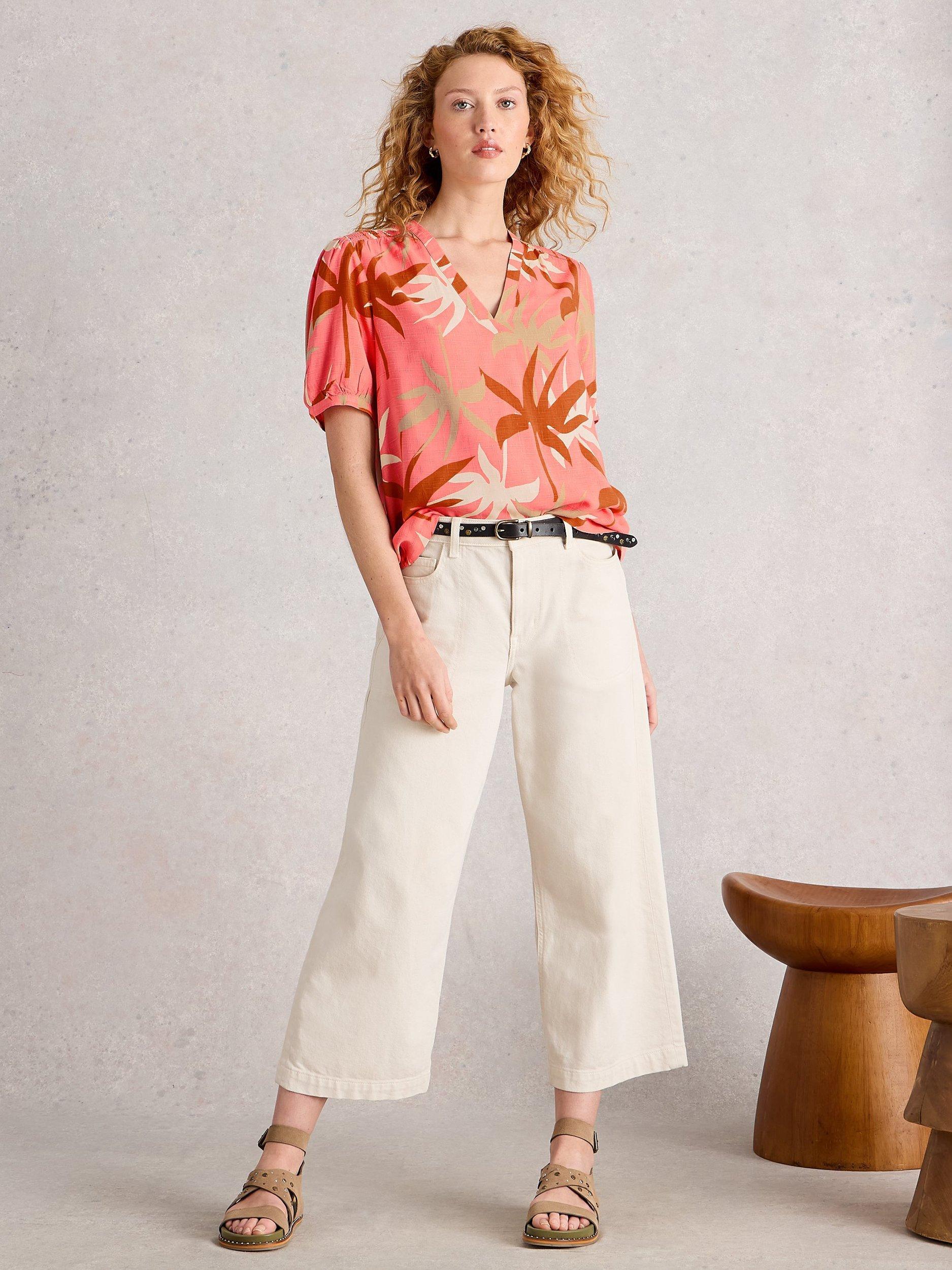 Product image 1 of 6, which shows White Stuff Elisa Palm Print T-Shirt, Pink/Multi, 8