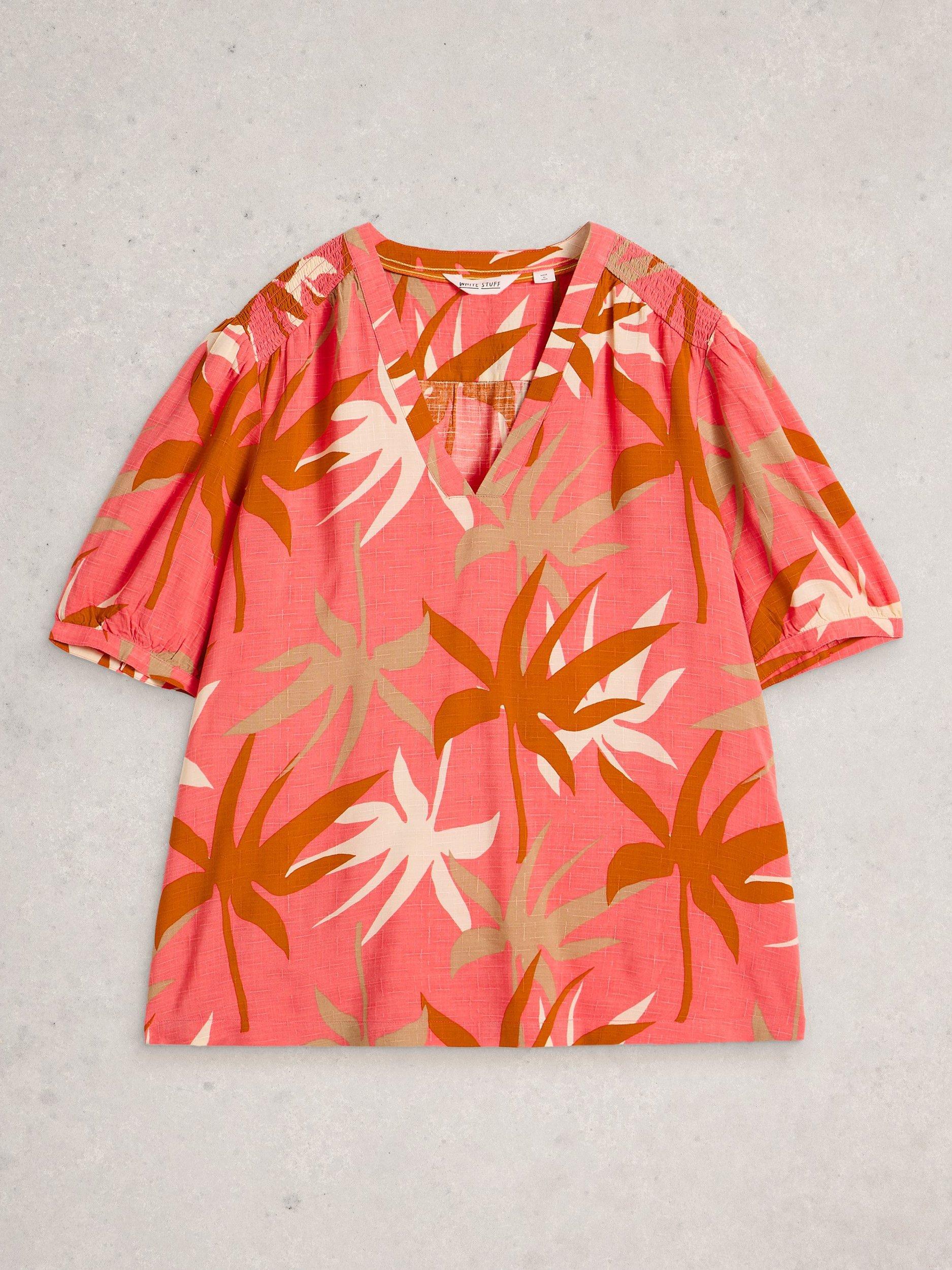 Product image 5 of 6, which shows White Stuff Elisa Palm Print T-Shirt, Pink/Multi, 8
