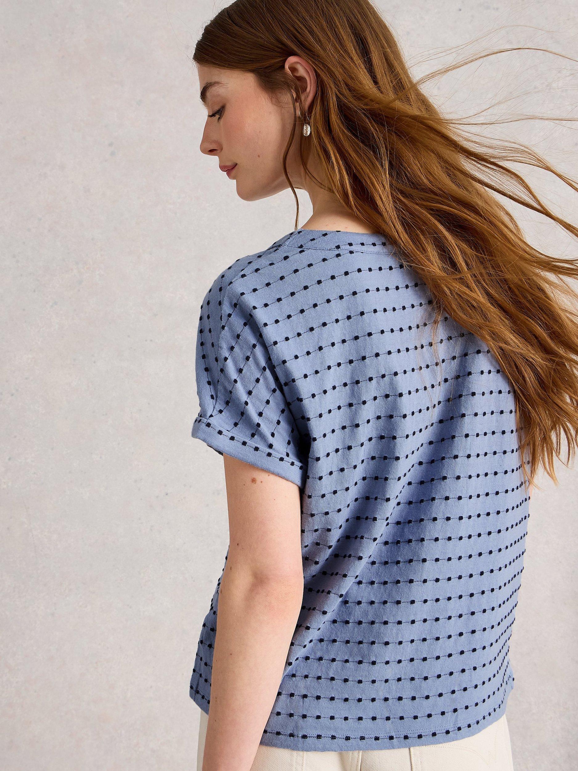 Product image 2 of 6, which shows White Stuff Embroidered Stripe T-Shirt, Blue/Multi, 6