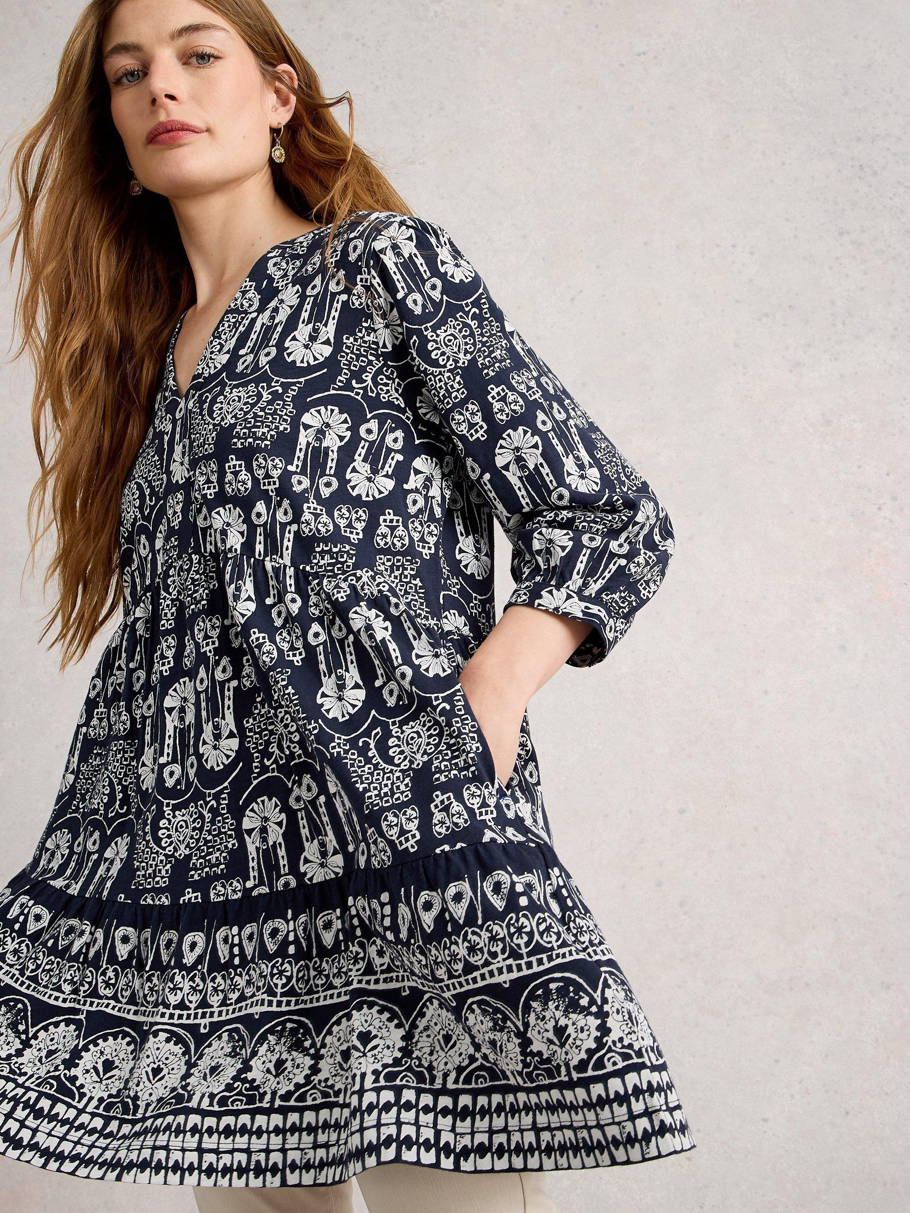Product image 3 of 6, which shows White Stuff Marta Abstract Tunic Top, Navy/Multi, 6