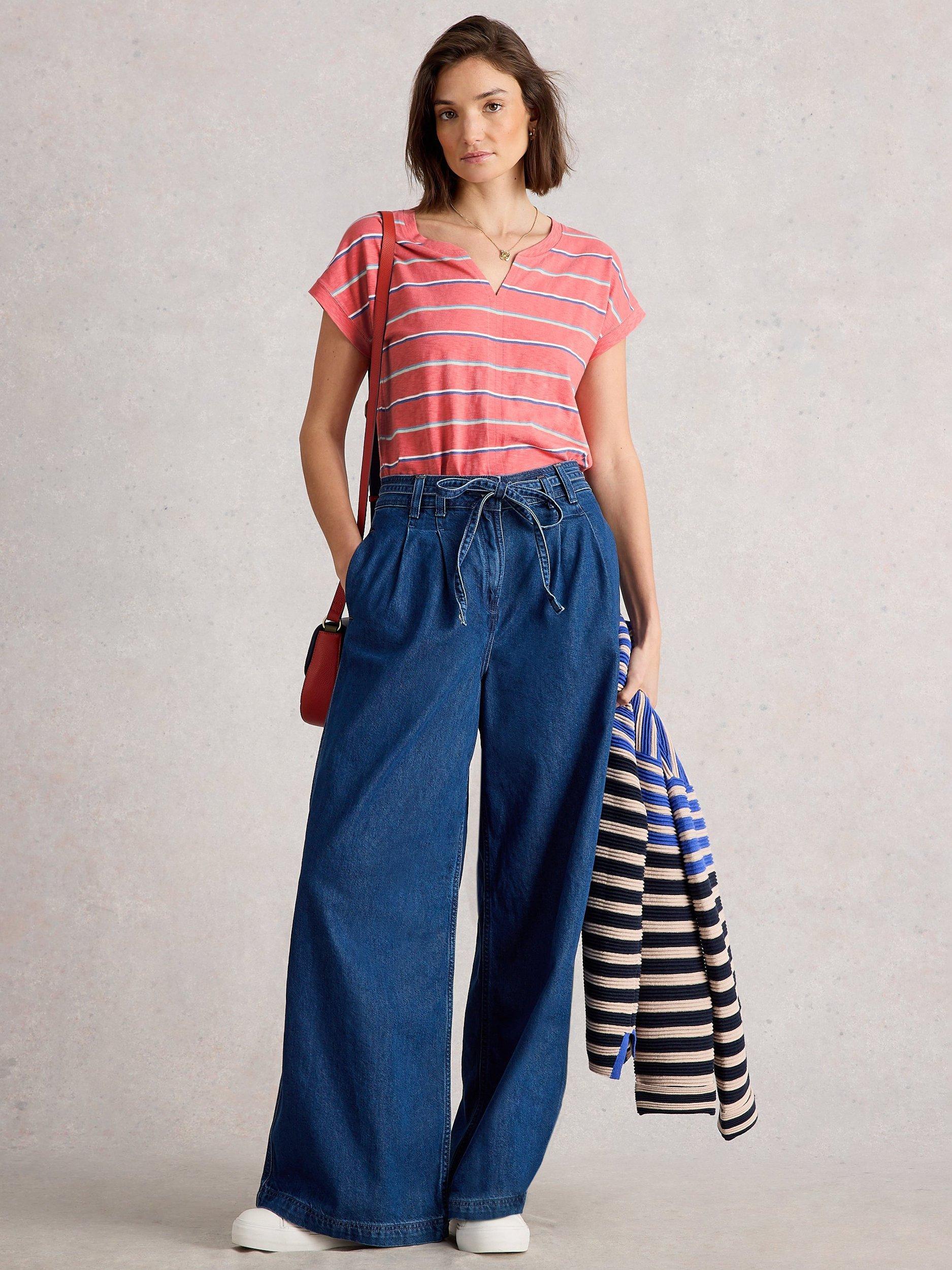 Product image 1 of 6, which shows White Stuff Nelly Cotton Stripe Notch Neck Cap Sleeve T-Shirt, Coral/Multi, 6