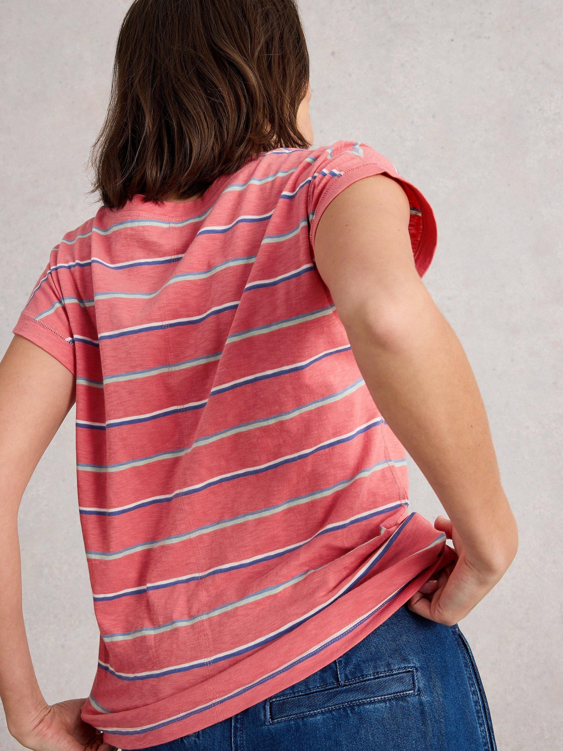 Product image 2 of 6, which shows White Stuff Nelly Cotton Stripe Notch Neck Cap Sleeve T-Shirt, Coral/Multi, 6