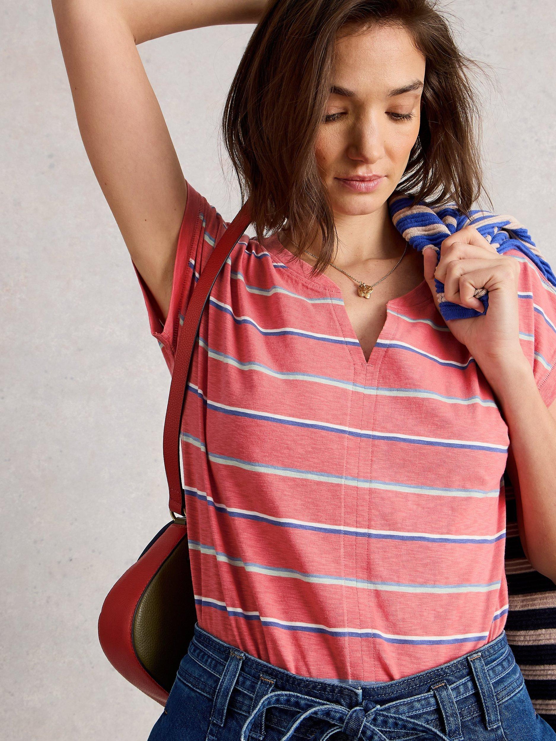 Product image 4 of 6, which shows White Stuff Nelly Cotton Stripe Notch Neck Cap Sleeve T-Shirt, Coral/Multi, 6