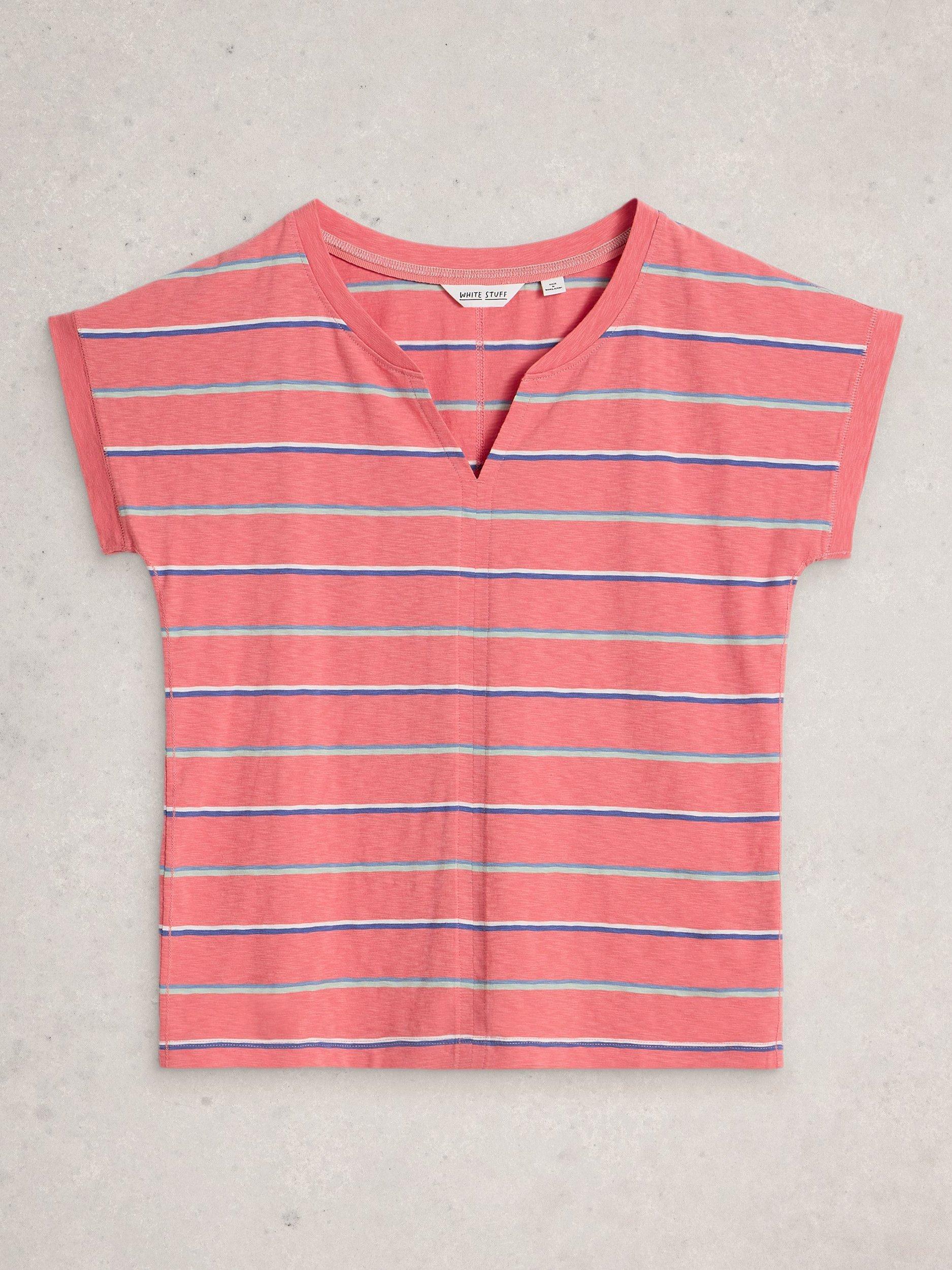 Product image 5 of 6, which shows White Stuff Nelly Cotton Stripe Notch Neck Cap Sleeve T-Shirt, Coral/Multi, 6