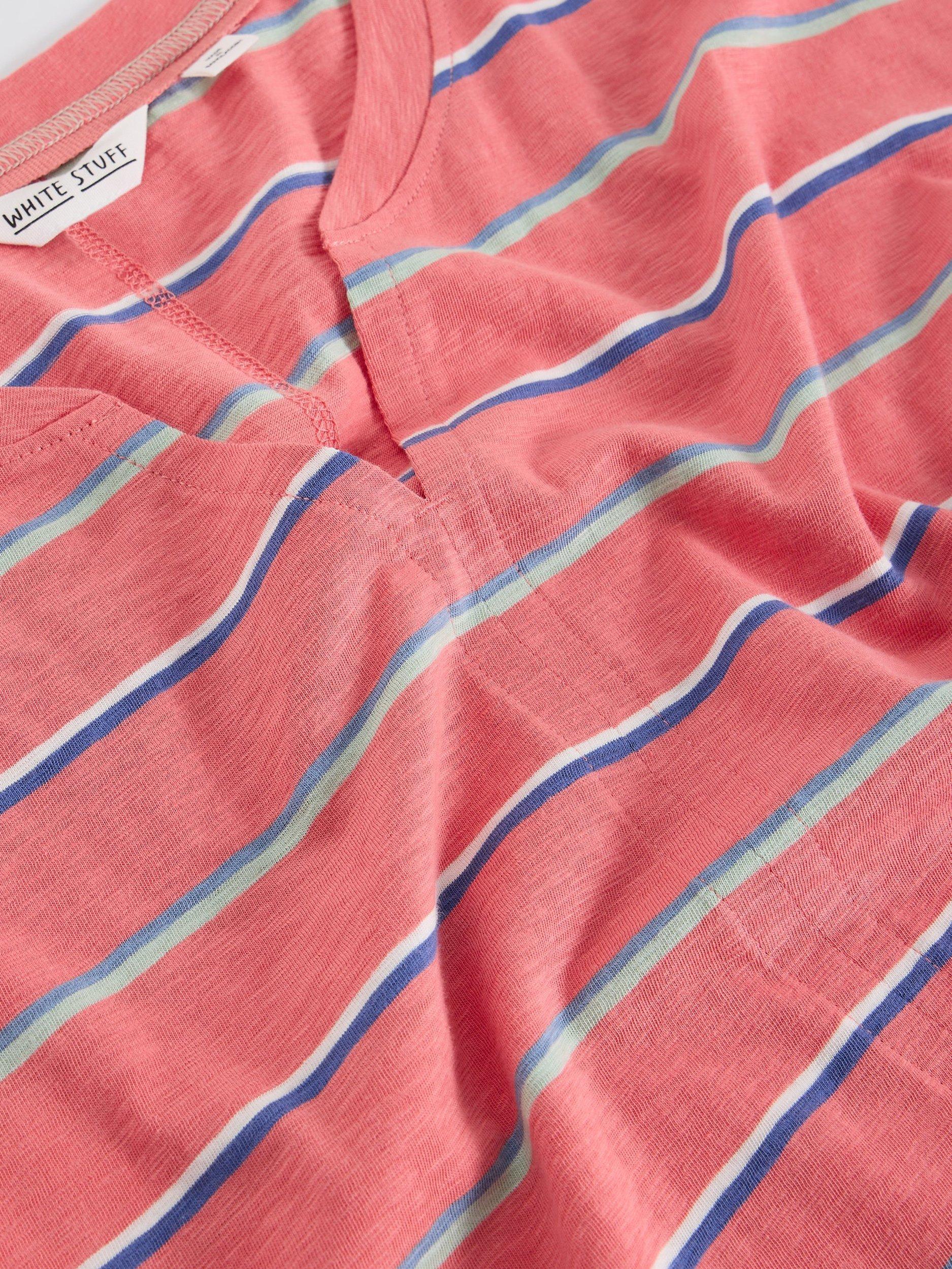 Product image 6 of 6, which shows White Stuff Nelly Cotton Stripe Notch Neck Cap Sleeve T-Shirt, Coral/Multi, 6