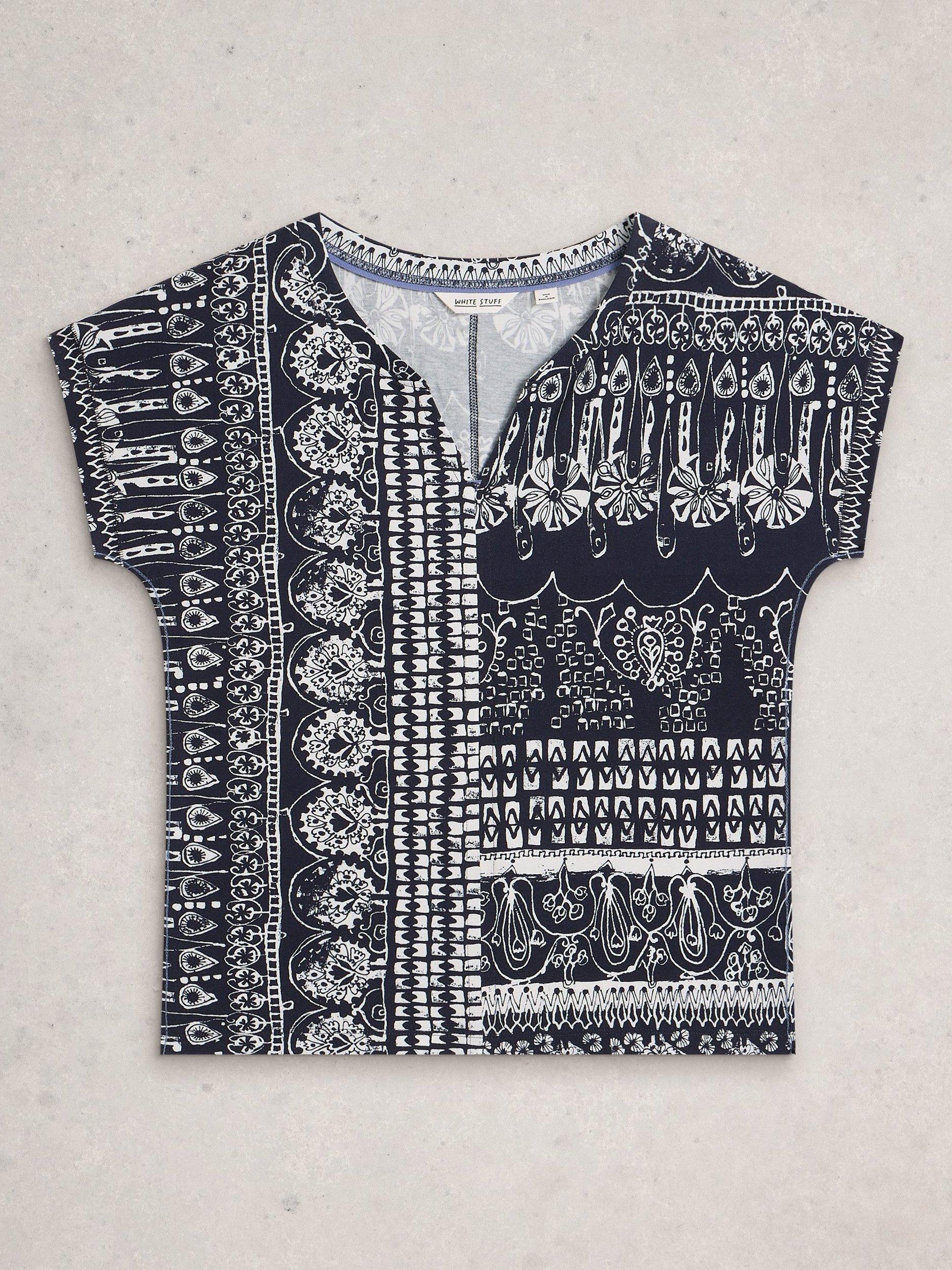 Product image 5 of 6, which shows White Stuff Nelly Cotton Notch Neck Cap Sleeve T-Shirt, Navy/Multi, 6