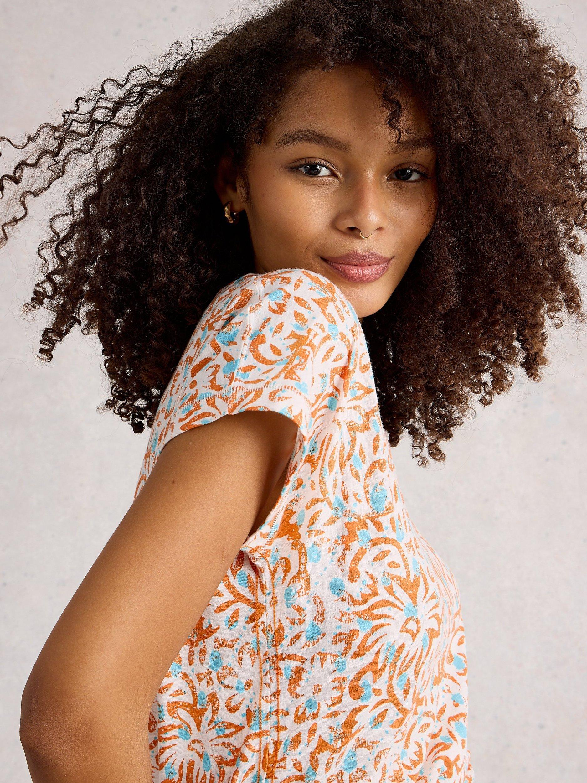 Product image 4 of 6, which shows White Stuff Nelly Abstract Floral T-Shirt, Orange/Multi, 6