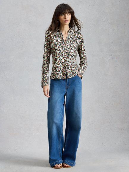 White Stuff  Annie Heart Print Cotton Jersey Shirt, Blue/Multi