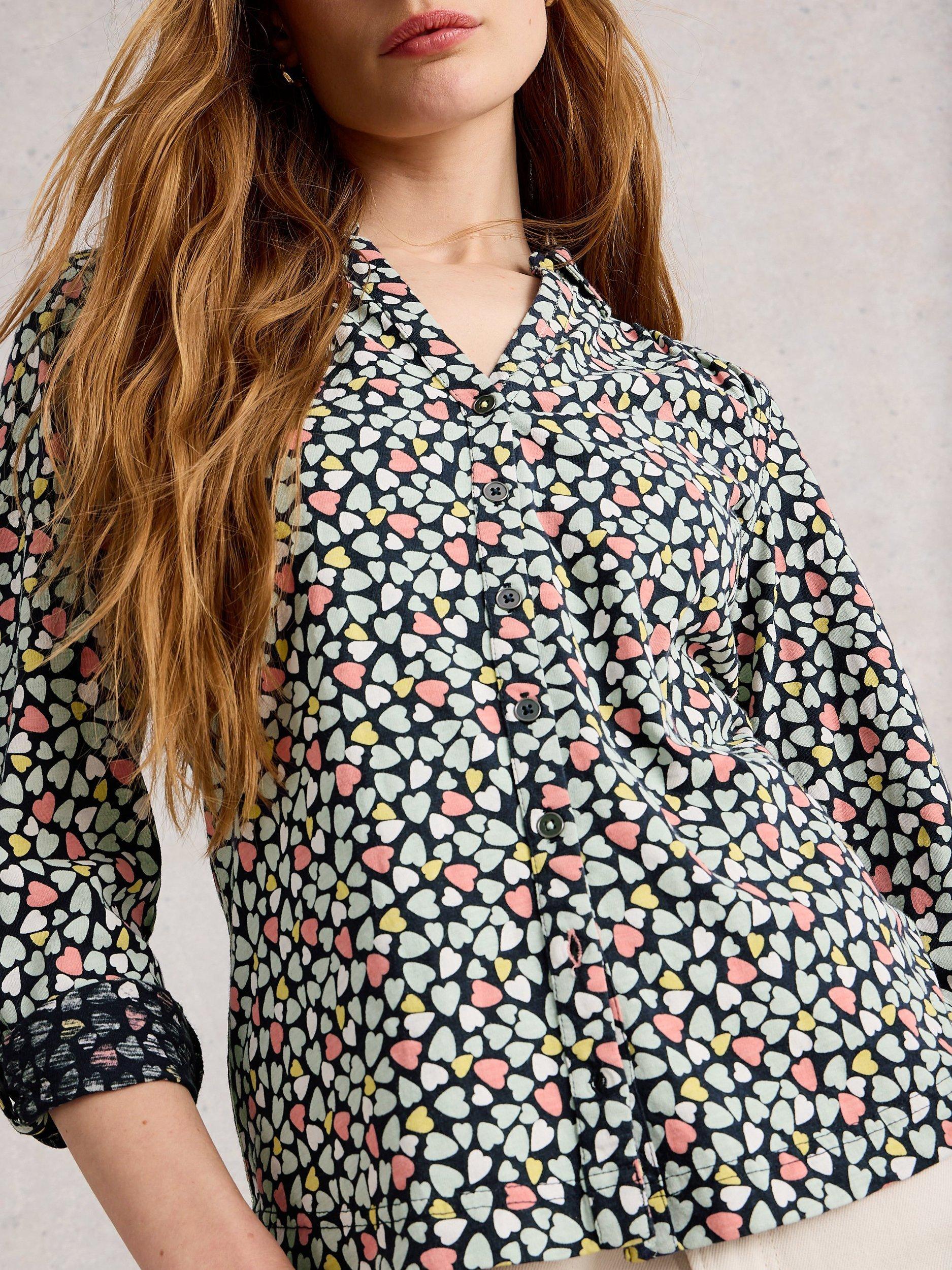 Product image 3 of 6, which shows White Stuff  Annie Heart Print Cotton Jersey Shirt, Blue/Multi, 6