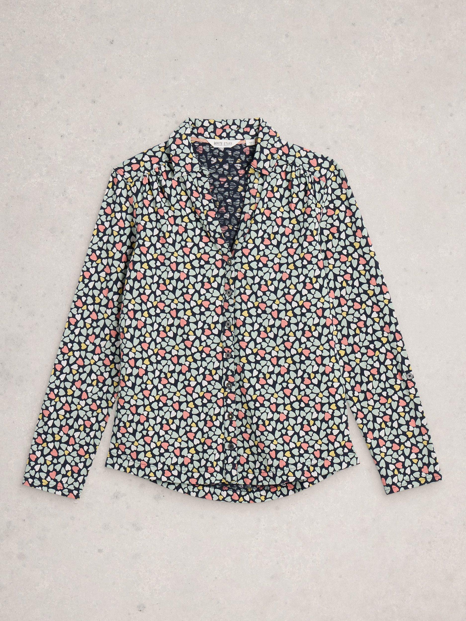 Product image 5 of 6, which shows White Stuff  Annie Heart Print Cotton Jersey Shirt, Blue/Multi, 6