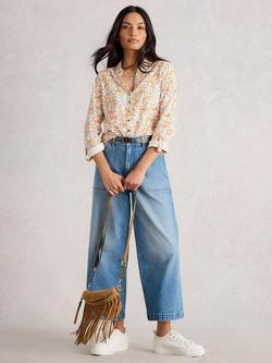 White Stuff Annie Floral Print Long Sleeved Jersey Cotton Shirt, Ivory/Multi