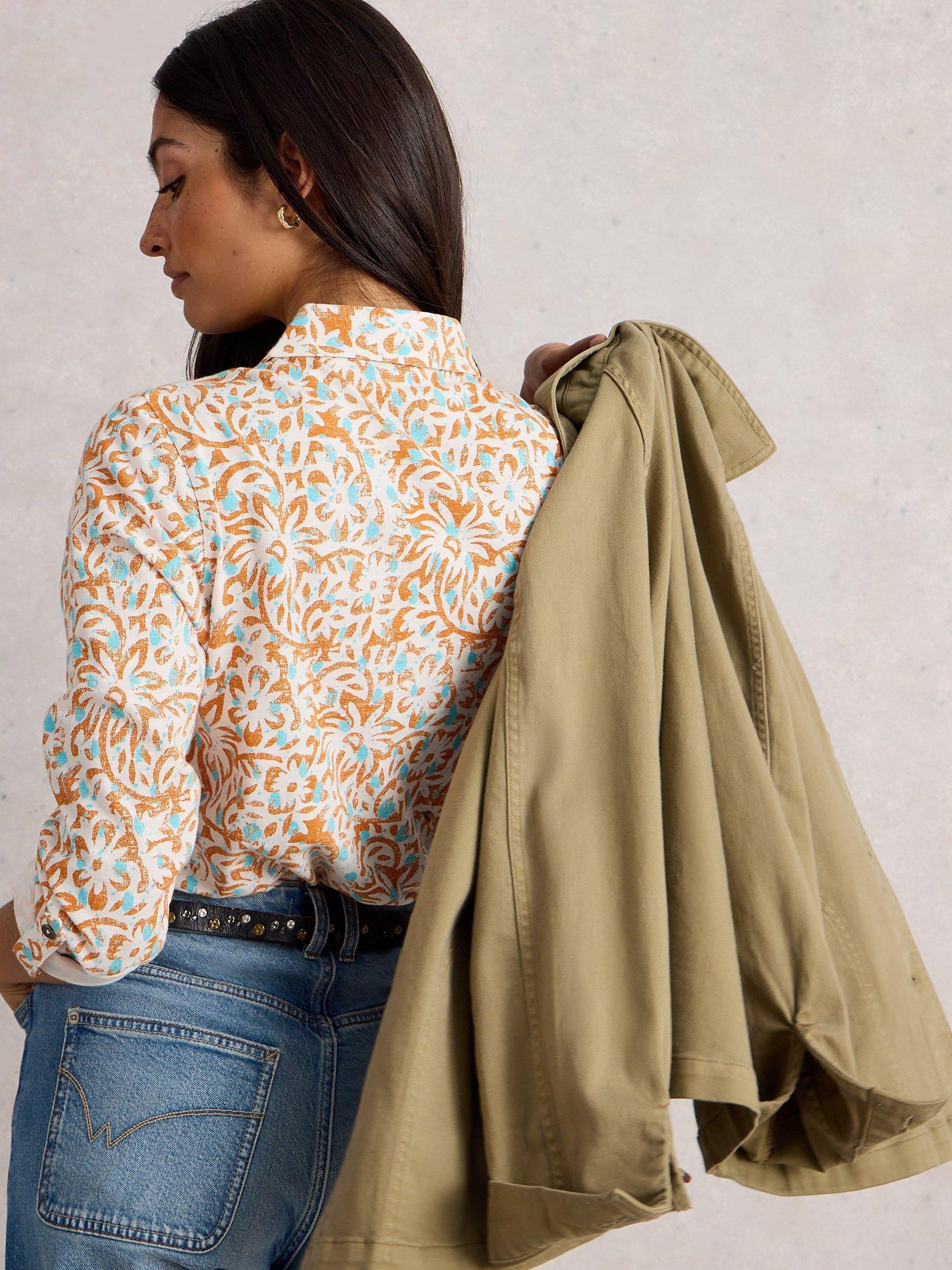 Product image 2 of 6, which shows White Stuff Annie Floral Print Long Sleeved Jersey Cotton Shirt, Ivory/Multi, 6