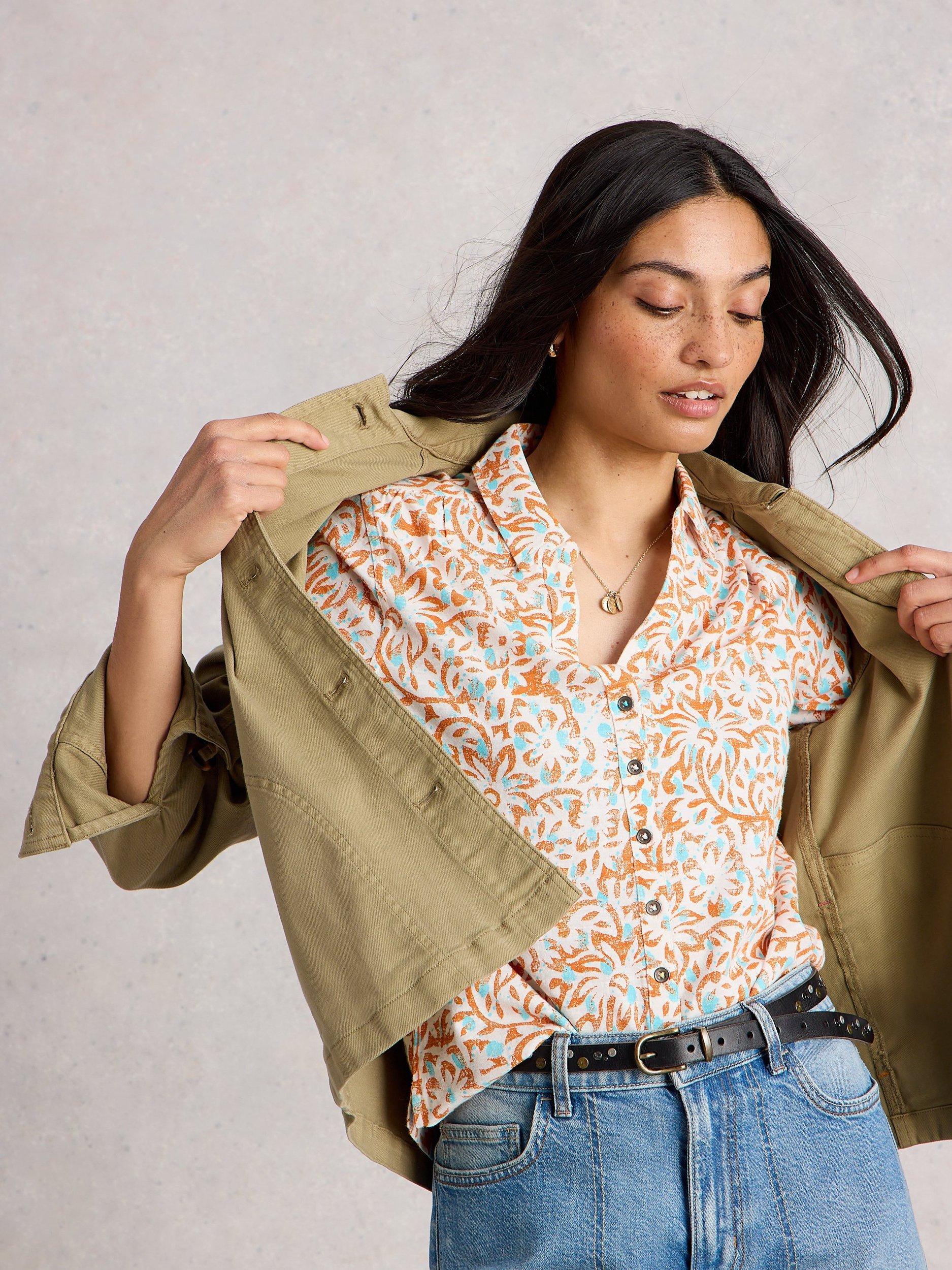 Product image 4 of 6, which shows White Stuff Annie Floral Print Long Sleeved Jersey Cotton Shirt, Ivory/Multi, 6