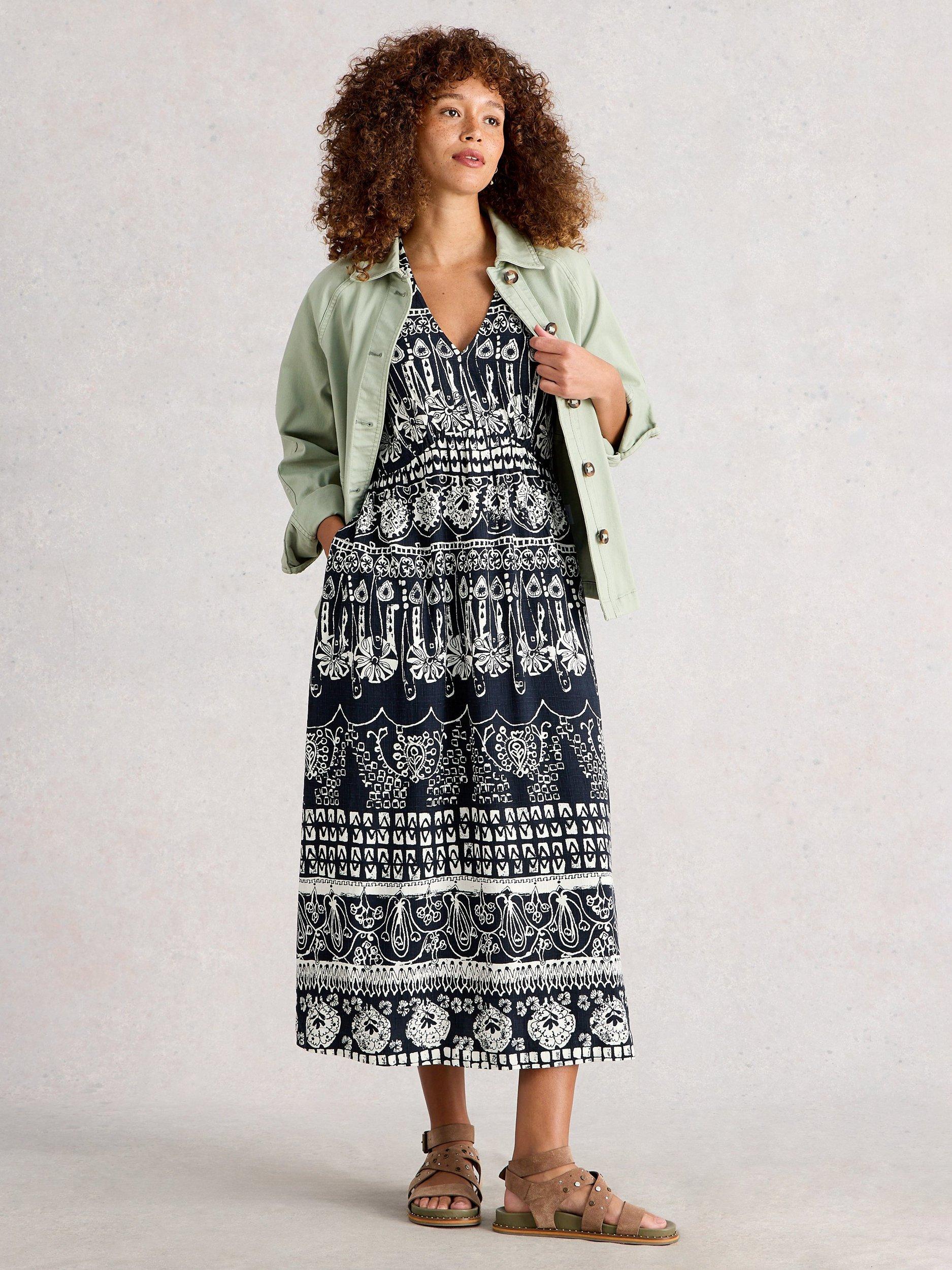 Product image 1 of 6, which shows White Stuff Lucy Abstract Stripe Midi Dress, Navy/Multi, 6