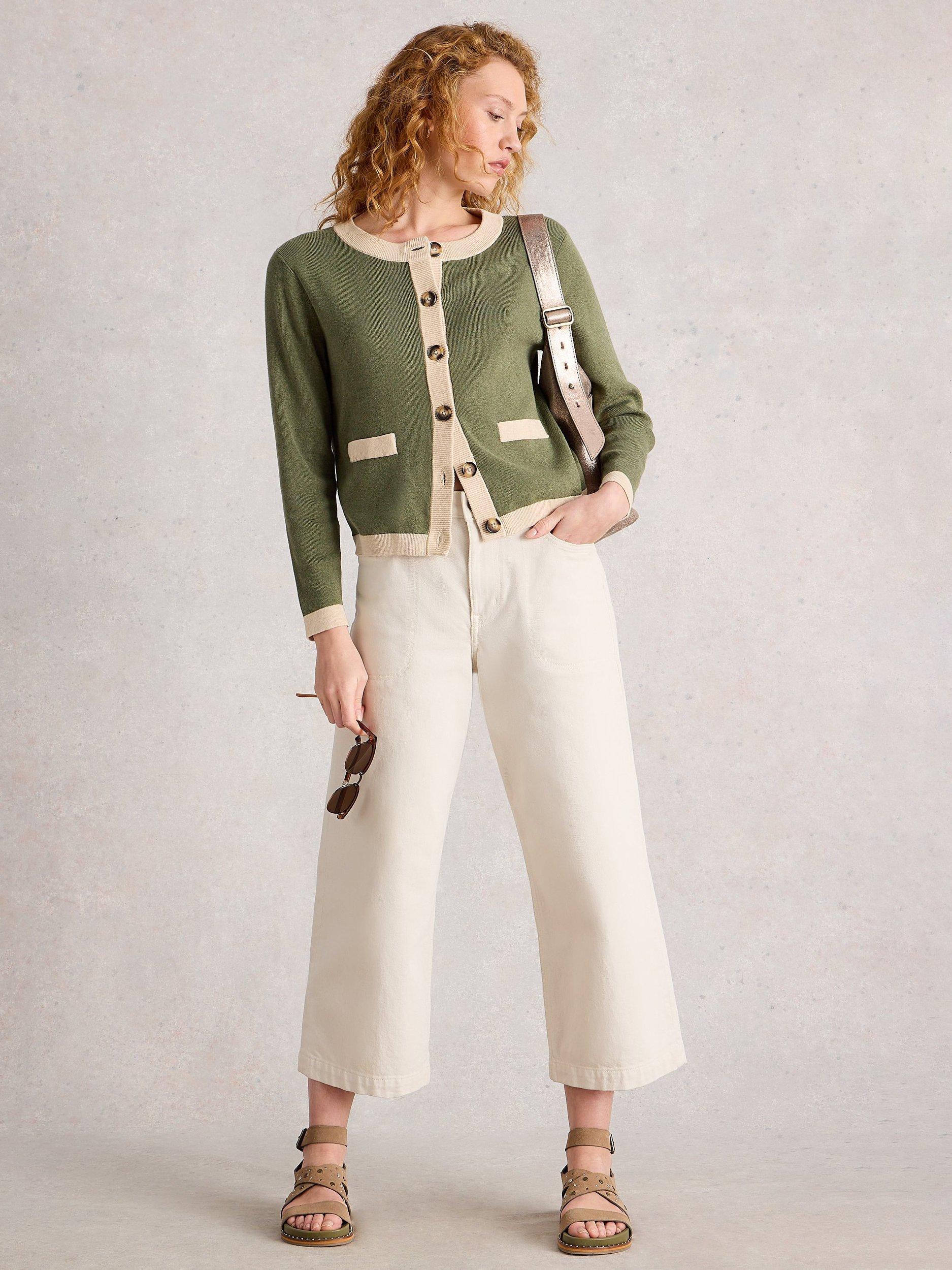 Product image 1 of 6, which shows White Stuff Charlotte Contrast Trim Cardigan, Khaki/Multi, 6