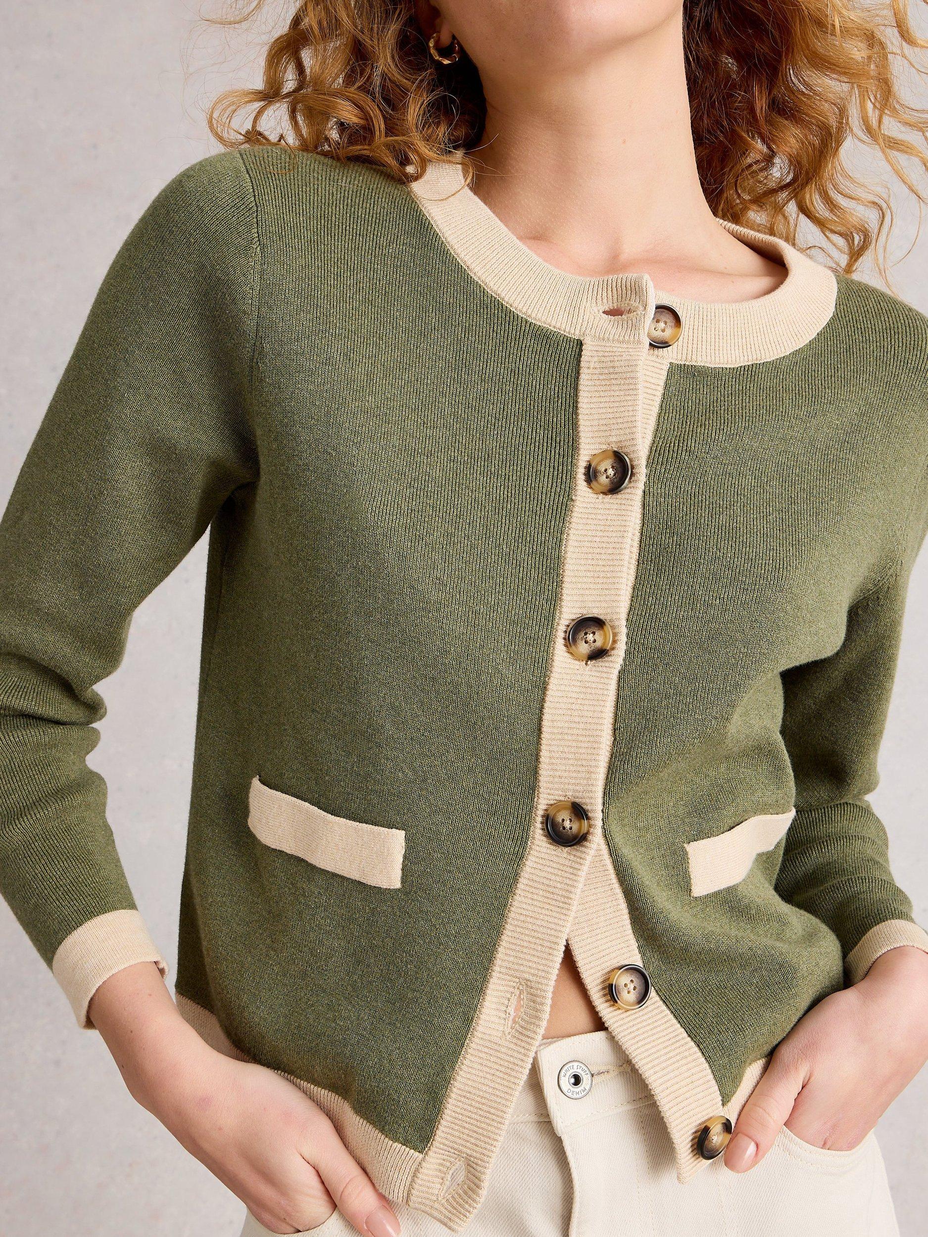 Product image 3 of 6, which shows White Stuff Charlotte Contrast Trim Cardigan, Khaki/Multi, 6