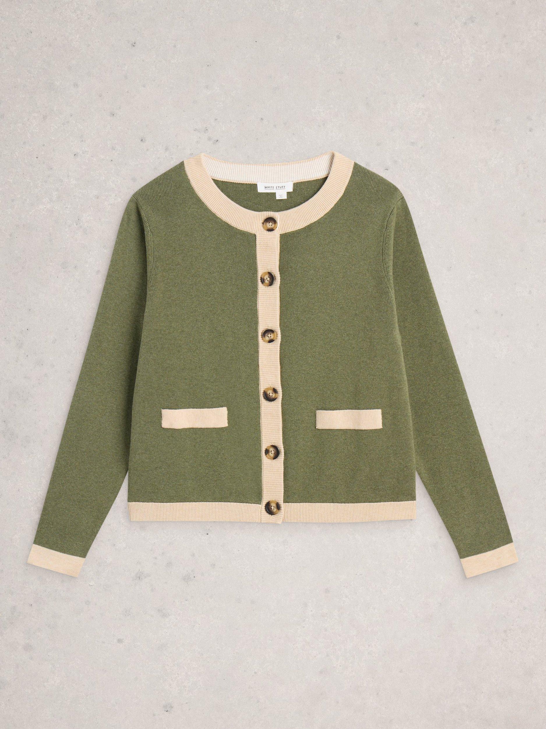Product image 5 of 6, which shows White Stuff Charlotte Contrast Trim Cardigan, Khaki/Multi, 6