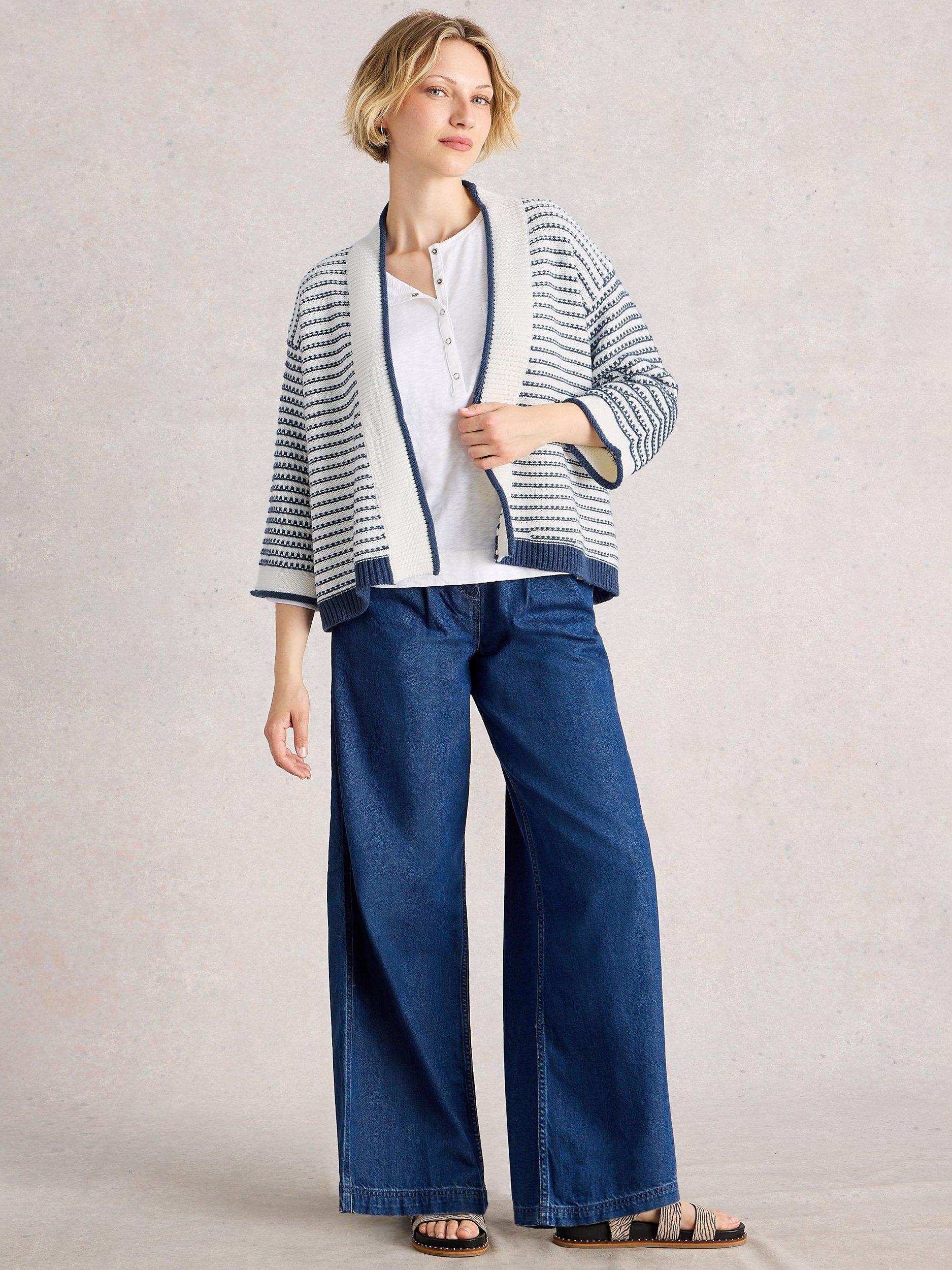 Product image 1 of 6, which shows White Stuff Kylie Stripe Open Neck Cardigan, Blue/Multi, S