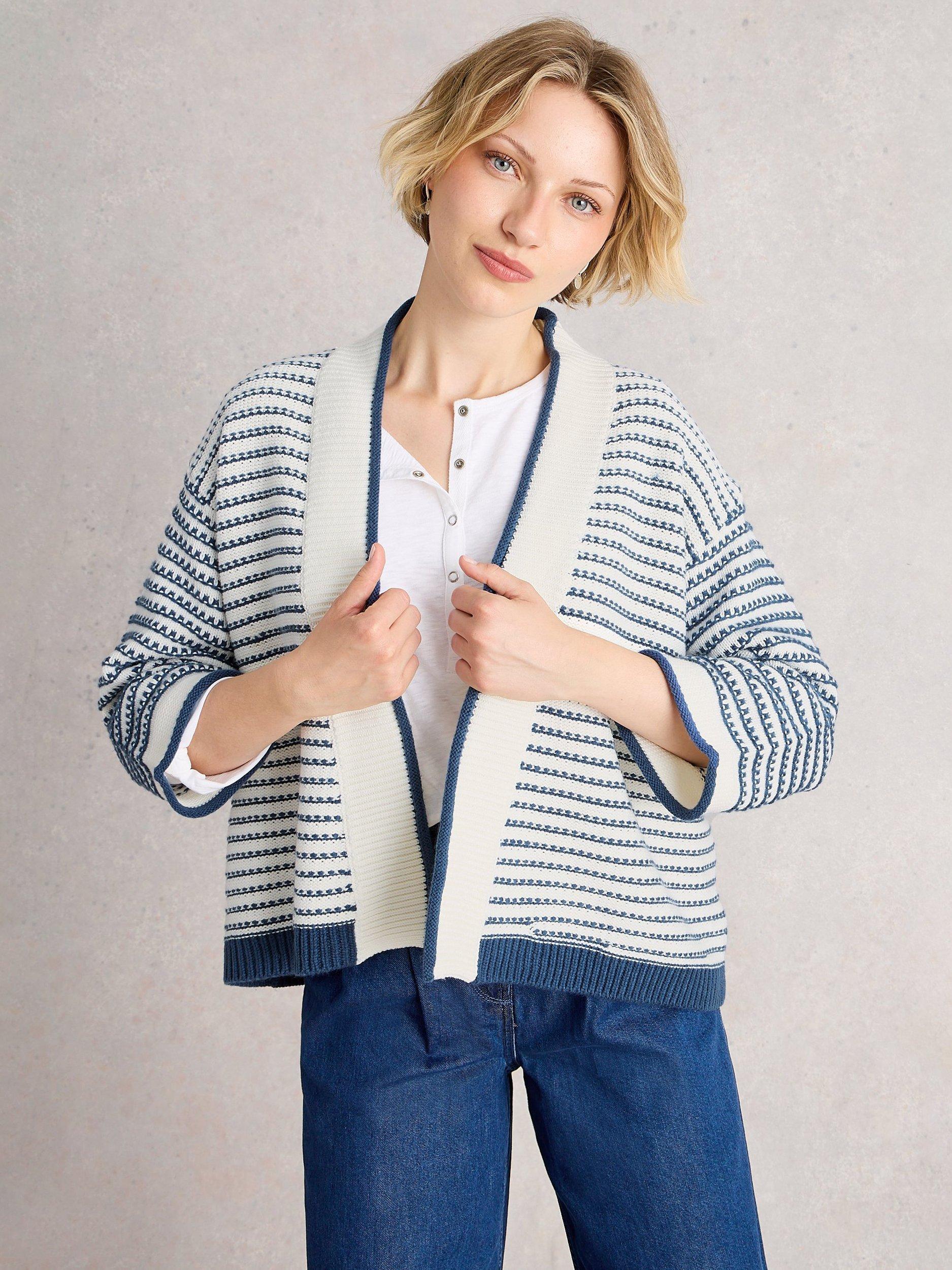 Product image 4 of 6, which shows White Stuff Kylie Stripe Open Neck Cardigan, Blue/Multi, S