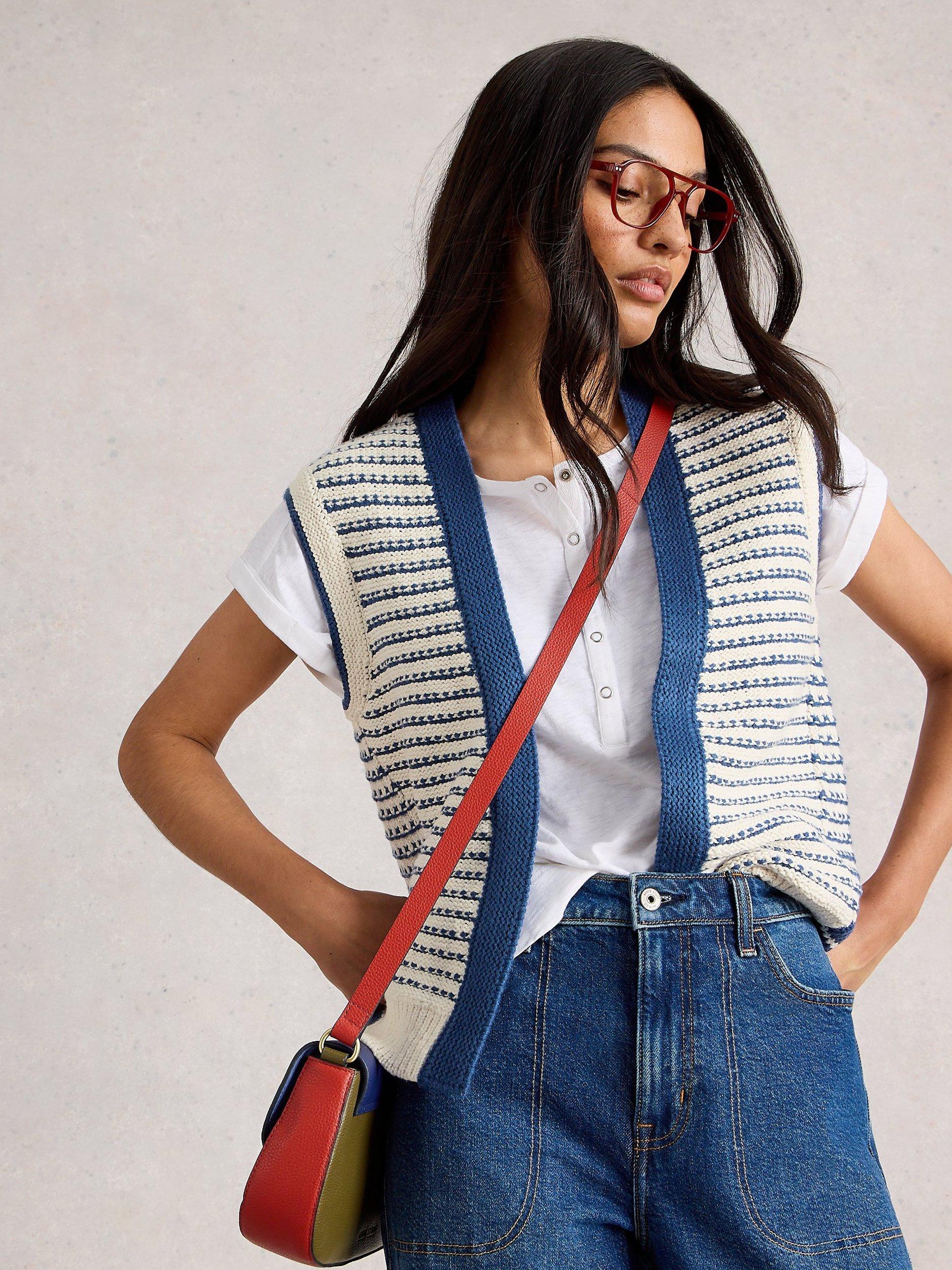 Product image 3 of 6, which shows White Stuff Kylie Stripe Stitch Cardigan, Blue/Multi, M