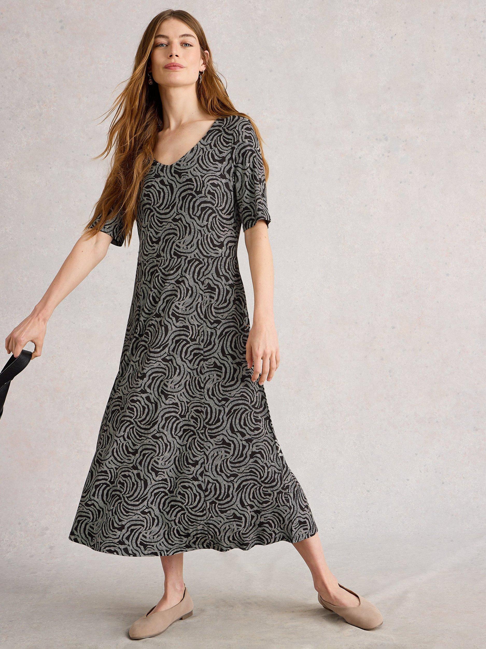 Product image 1 of 6, which shows White Stuff Madeline Swirl Jersey Midi Dress, Black/Ivory, 6