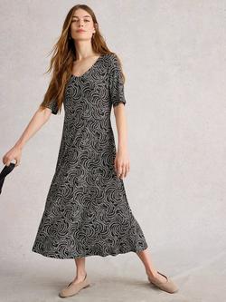 White Stuff Madeline Swirl Jersey Midi Dress, Black/Ivory, Black/Ivory