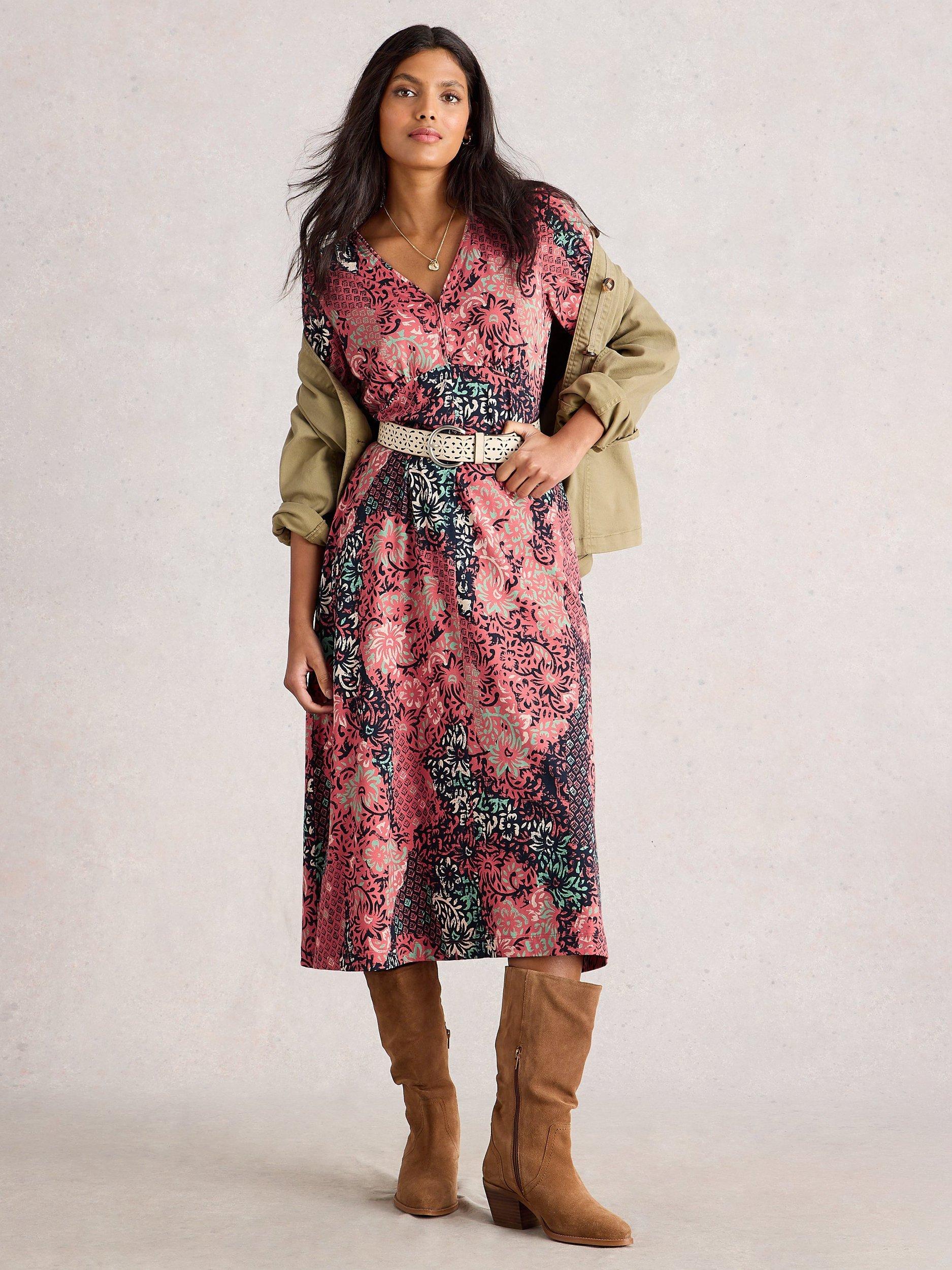 Product image 1 of 6, which shows White Stuff Megan Abstract Leaves Jersey Dress, Pink/Multi, 6