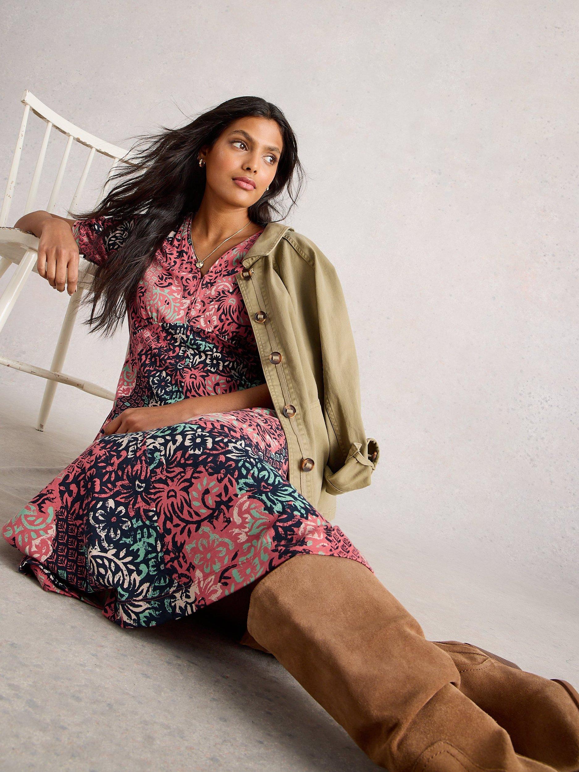 Product image 4 of 6, which shows White Stuff Megan Abstract Leaves Jersey Dress, Pink/Multi, 6