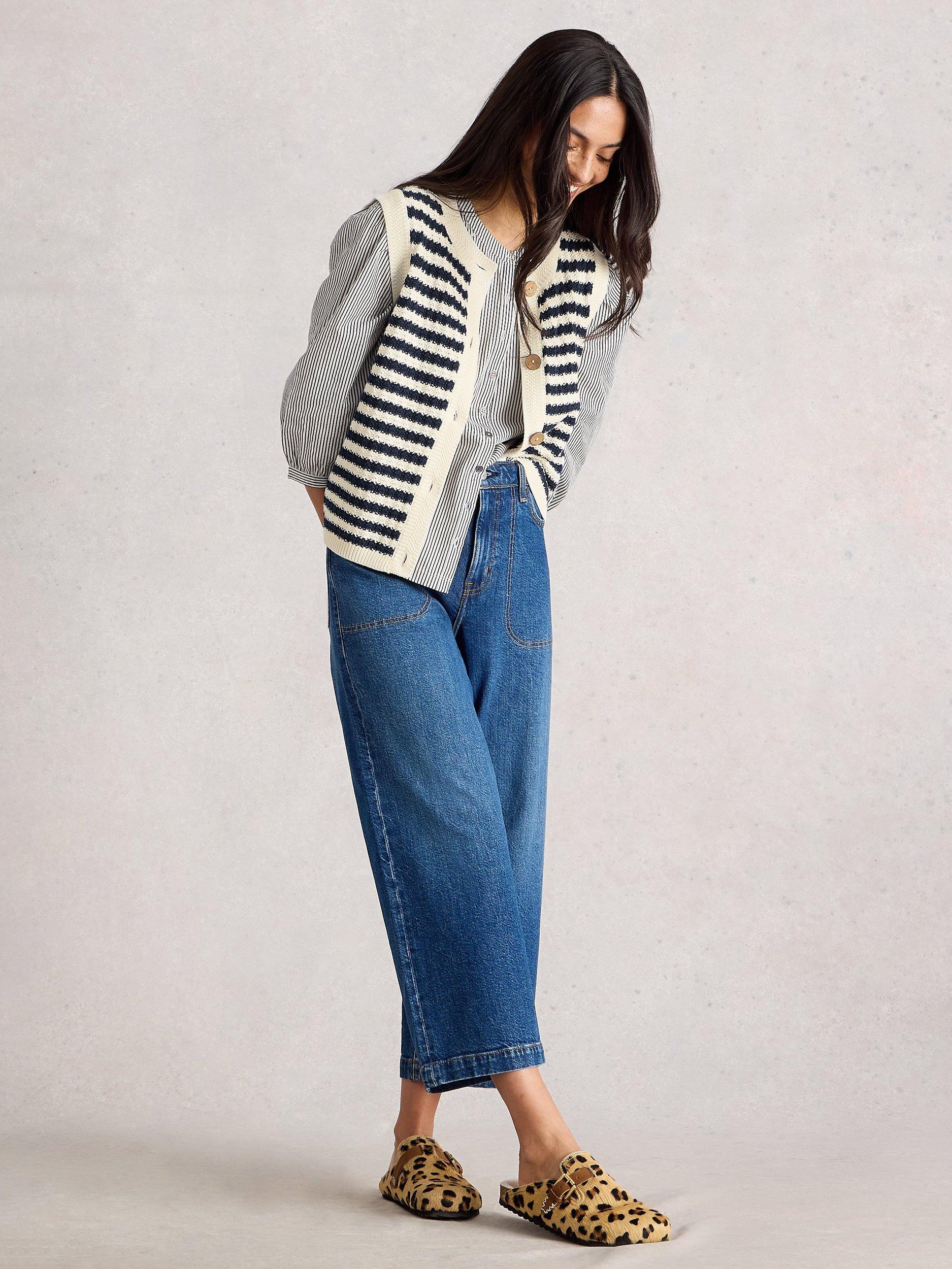 Product image 1 of 6, which shows White Stuff Sienna Stripe Stitch Cardigan, Navy/Multi, M