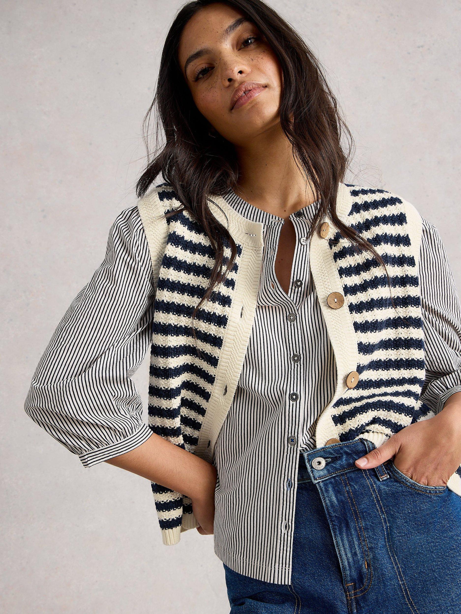 Product image 4 of 6, which shows White Stuff Sienna Stripe Stitch Cardigan, Navy/Multi, M