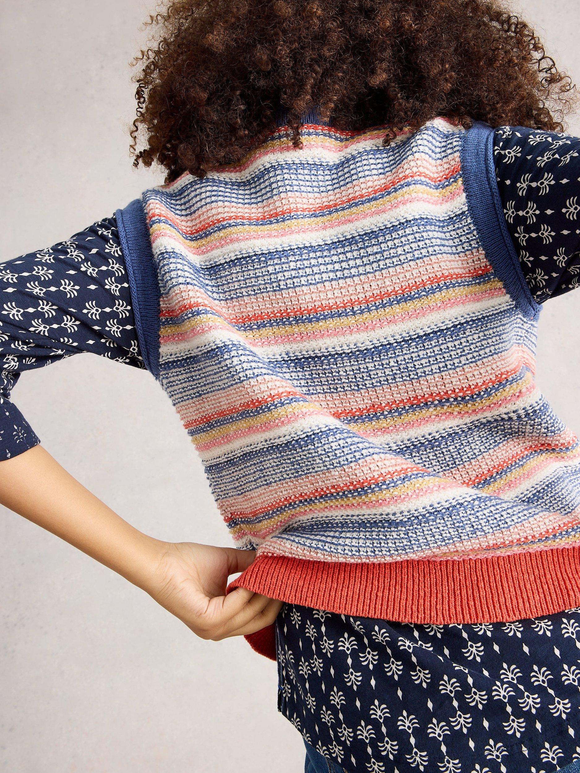 Product image 2 of 6, which shows White Stuff Tara Organic Cotton Striped Sleeveless Jumper, Blue/Multi, S