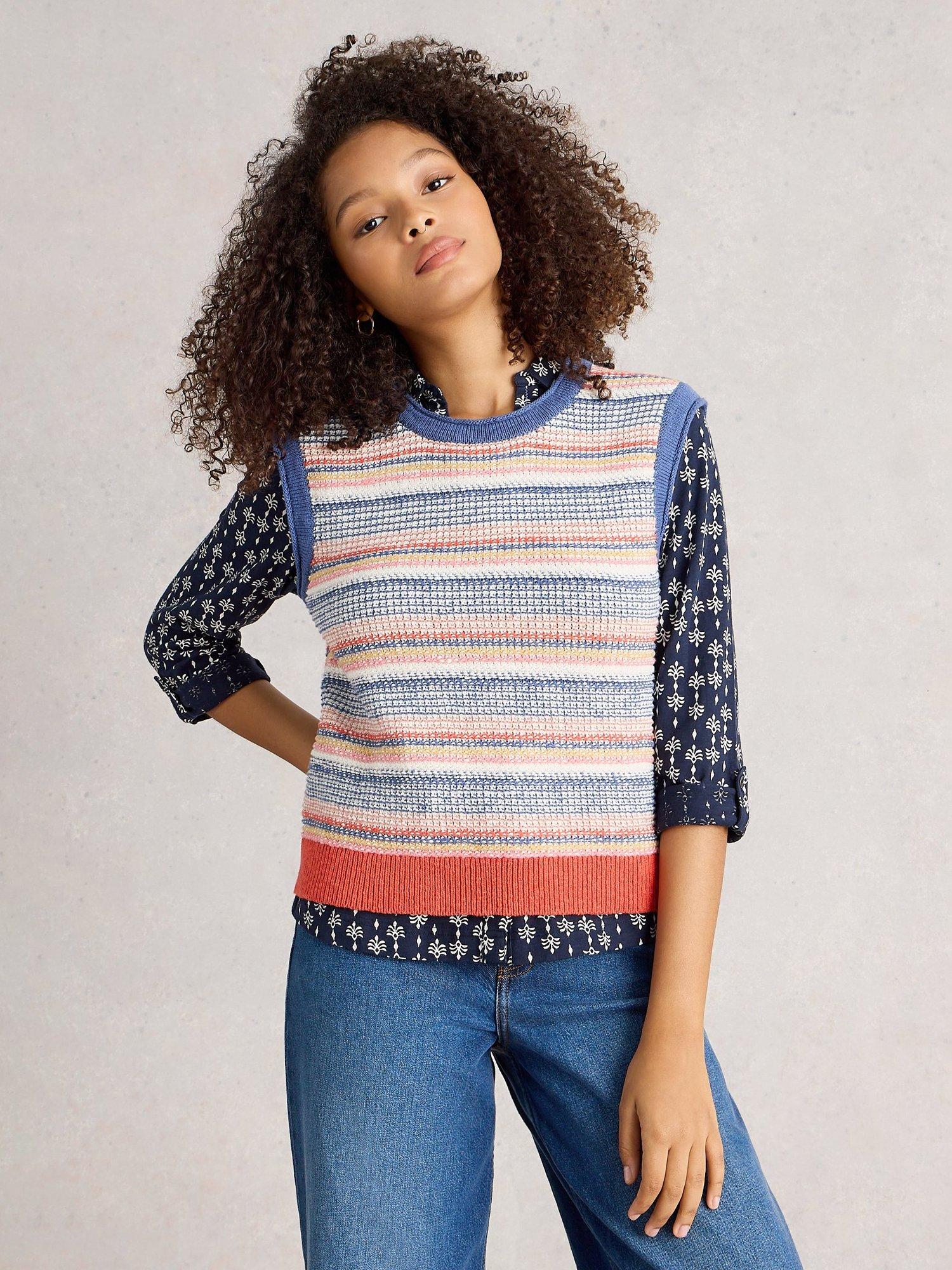 Product image 3 of 6, which shows White Stuff Tara Organic Cotton Striped Sleeveless Jumper, Blue/Multi, S