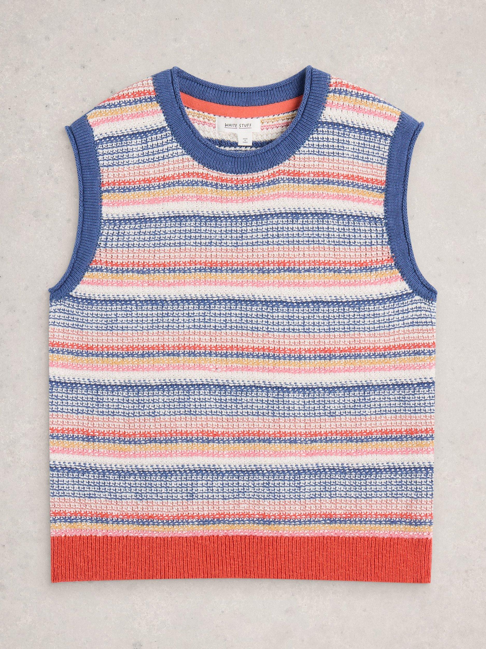 Product image 5 of 6, which shows White Stuff Tara Organic Cotton Striped Sleeveless Jumper, Blue/Multi, S