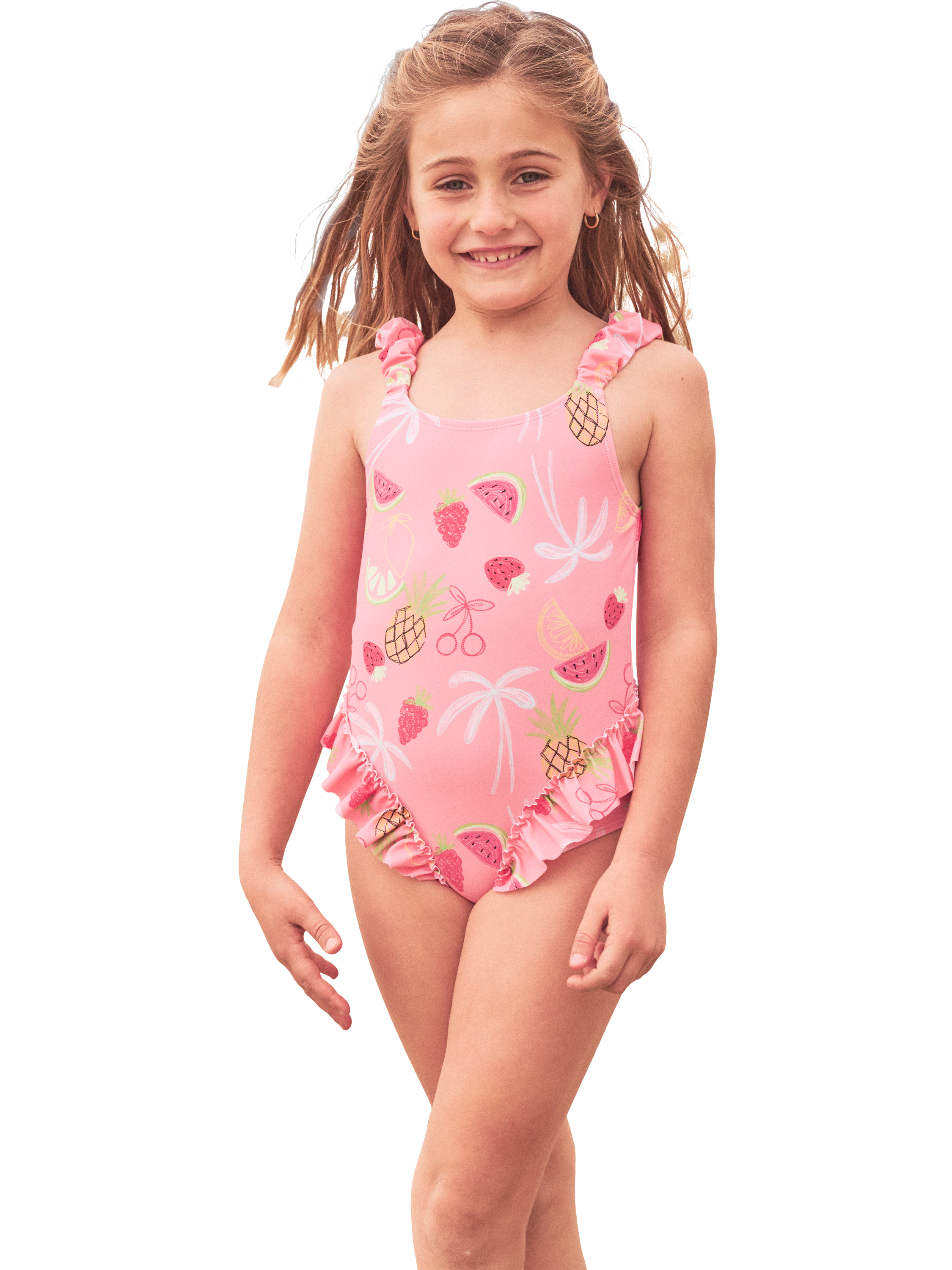 Product image 1 of 6, which shows Angel & Rocket Kids' Floral UPF 50+ Ruffle Swimsuit, Pink/Multi, 3 years