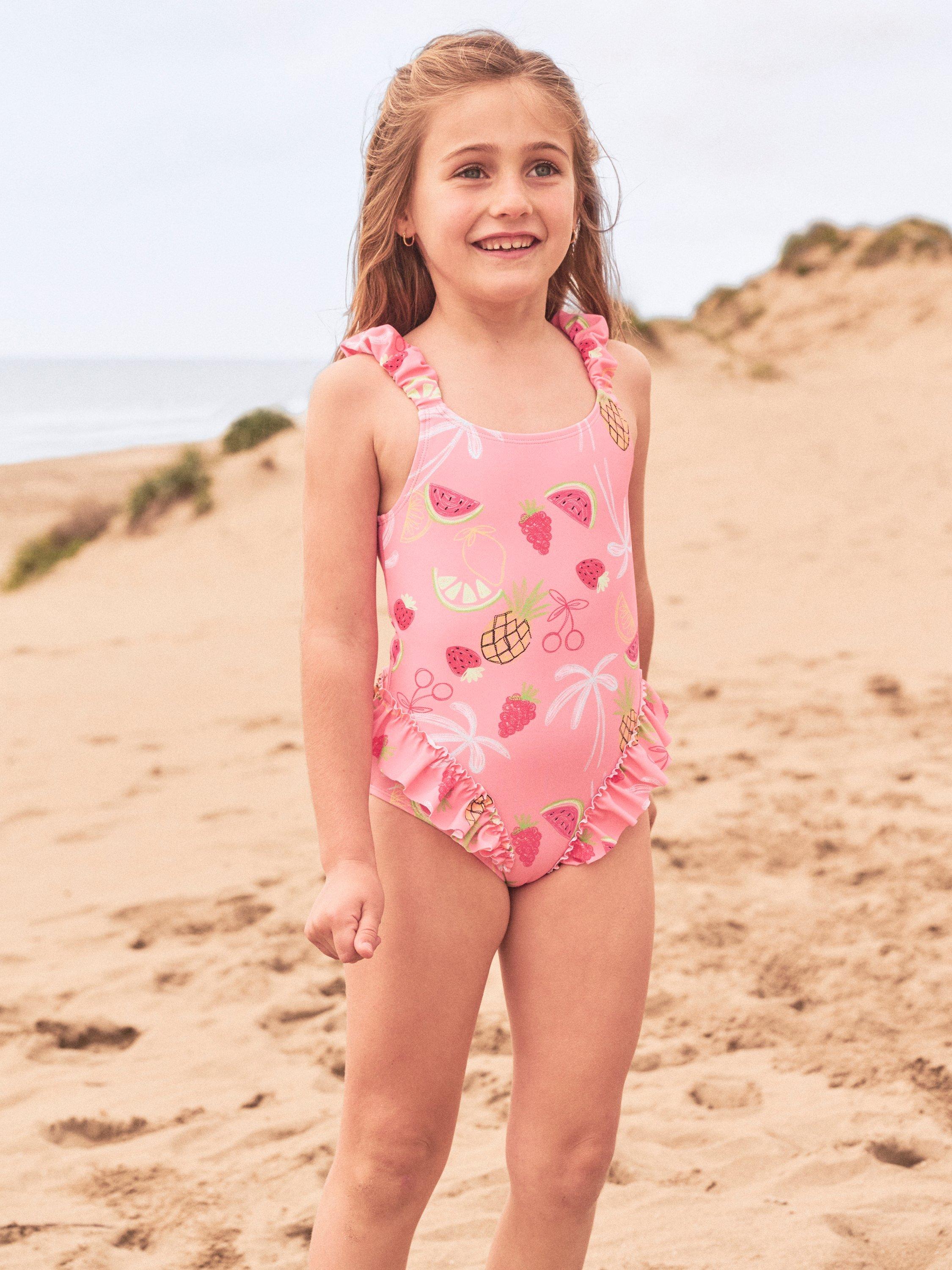 Product image 3 of 6, which shows Angel & Rocket Kids' Floral UPF 50+ Ruffle Swimsuit, Pink/Multi, 3 years