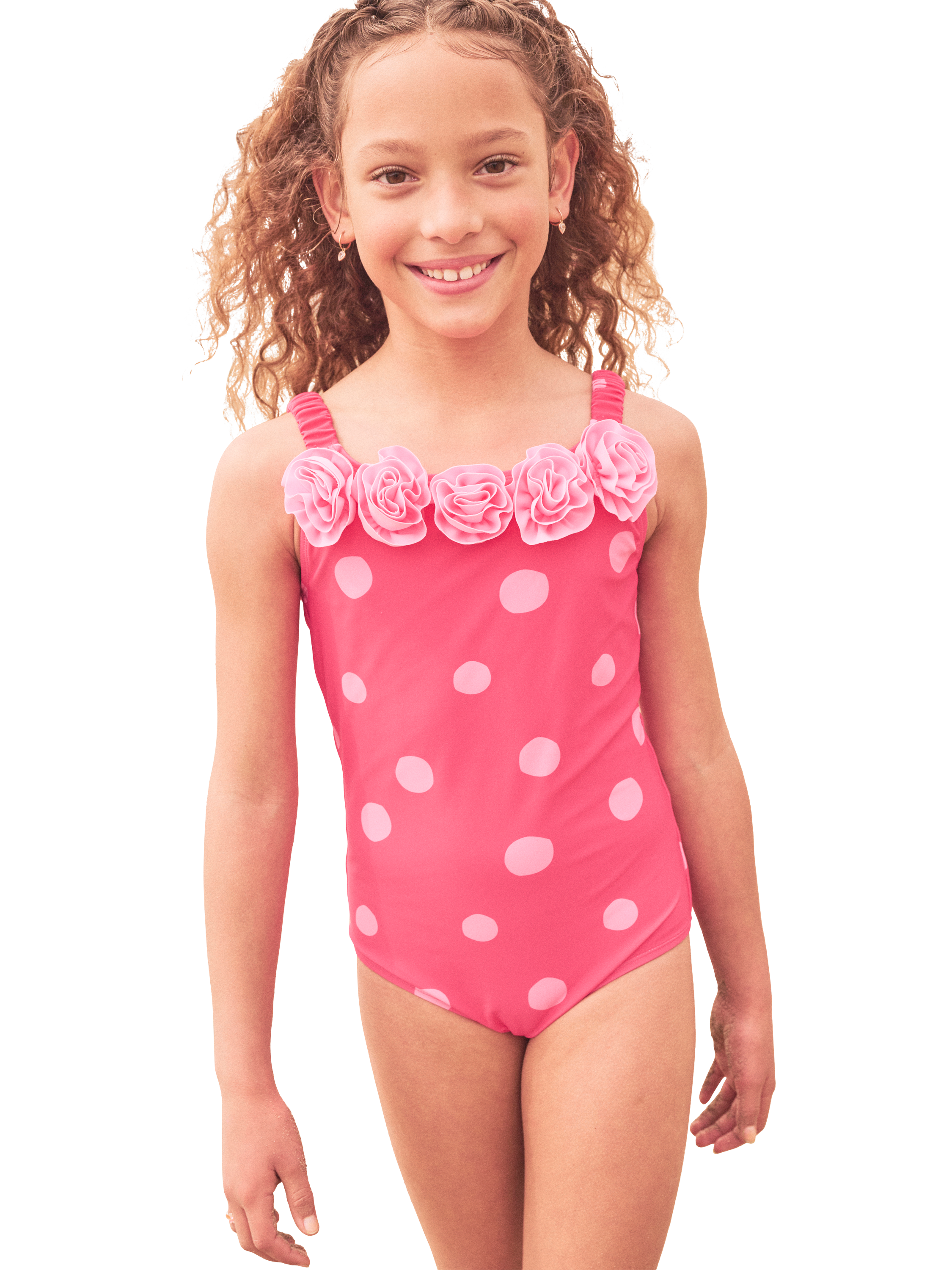 Product image 1 of 2, which shows Angel & Rocket Kids' Spot Print Ruffle Swimsuit, Pink, 3 years