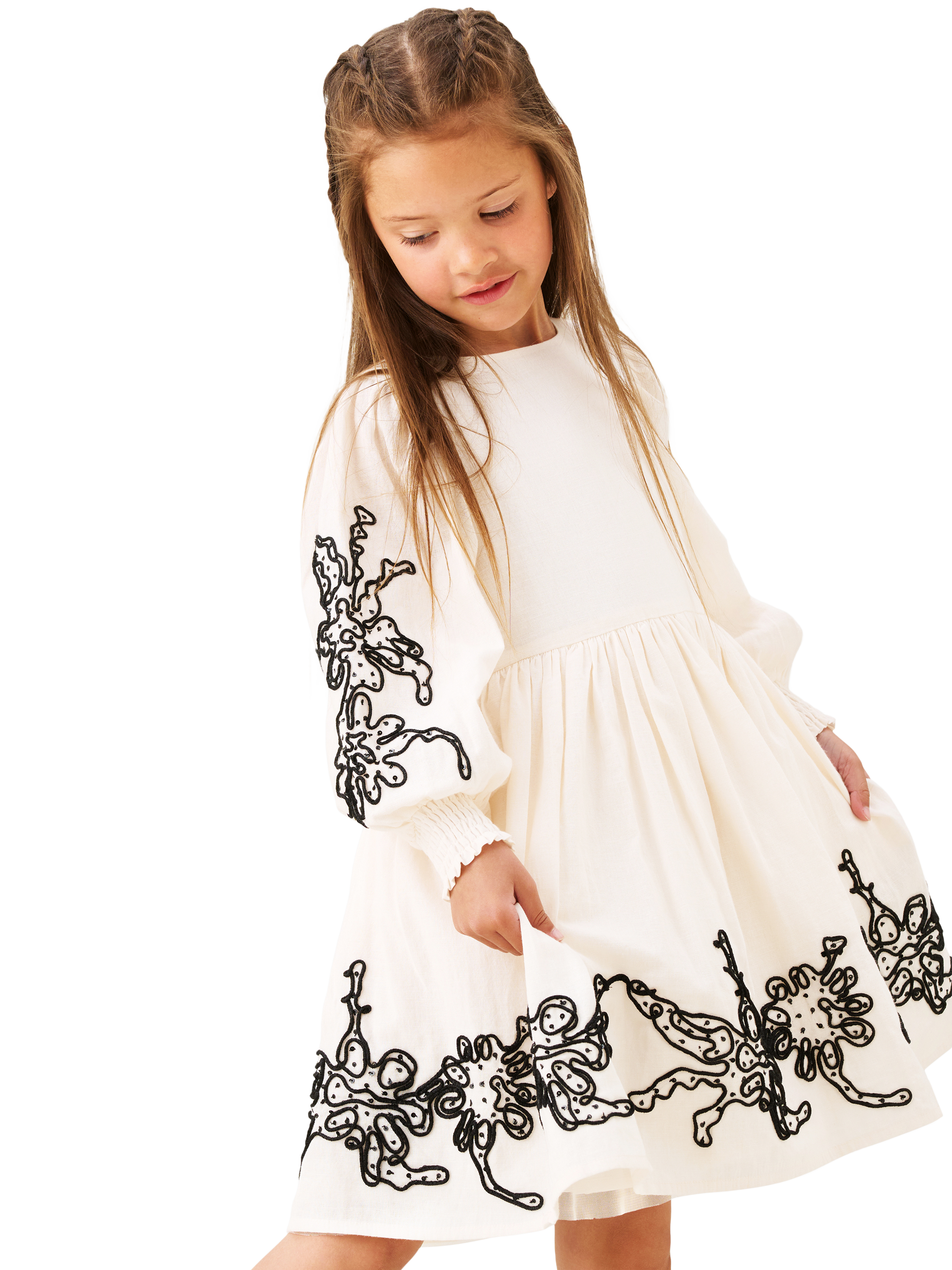 Angel & Rocket Kids' Embroidered Balloon Sleeve Dress, Ivory
