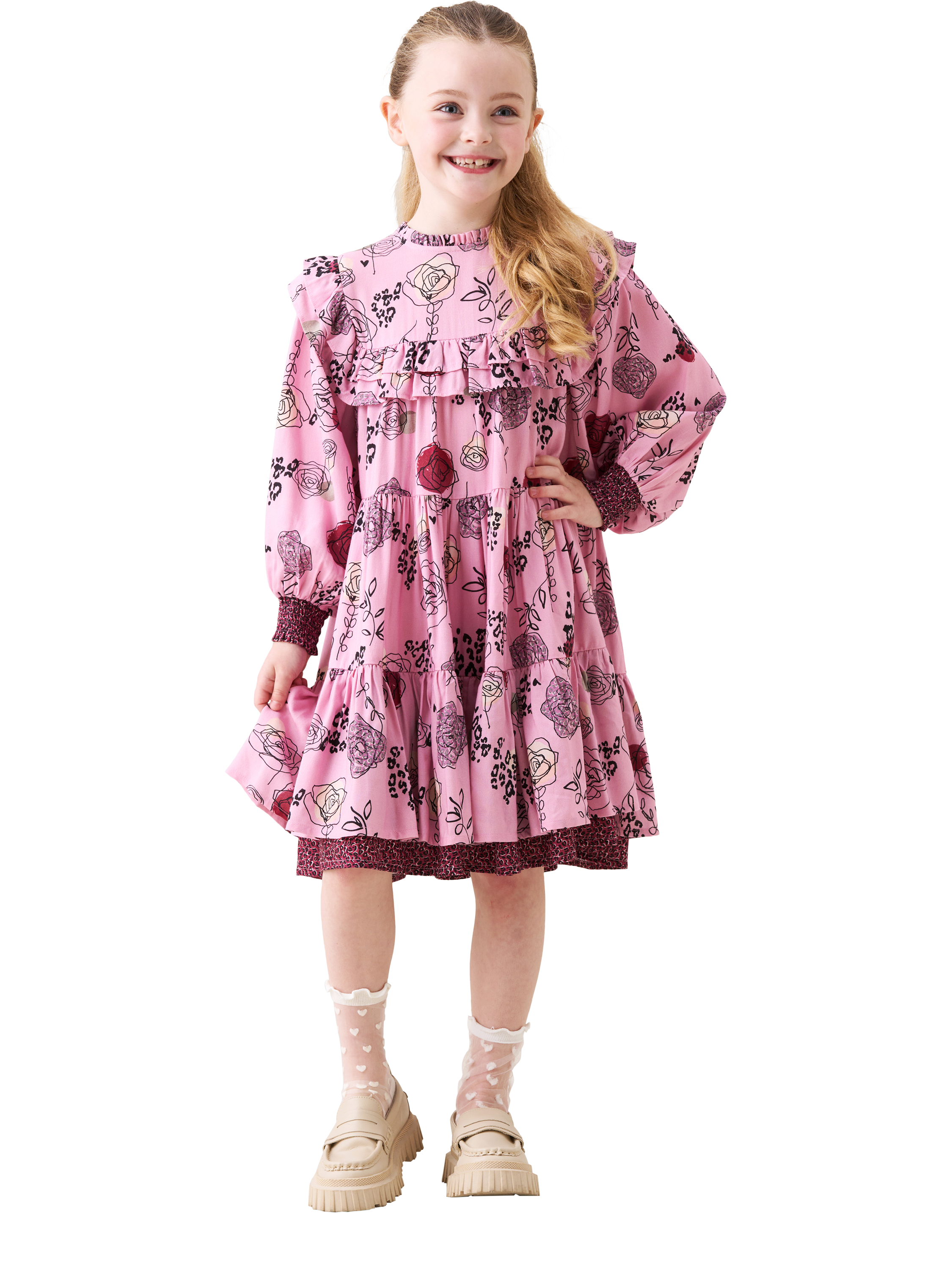Product image 3 of 8, which shows Angel & Rocket Kids' Frill Print Dress, Pink, 3 years