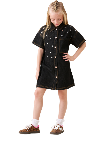 Angel & Rocket Kids' Gem Embroidered Denim Dress, Black, Black